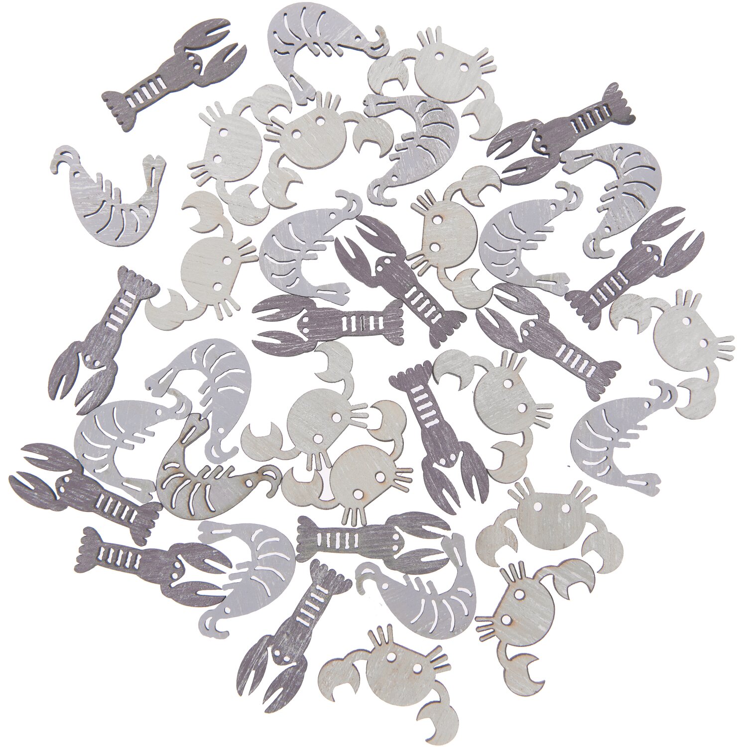 Holzstreu Meerestiere Mix natur 36 Stück zeigt Krabben und Hummer in natürlichen Farbtönen. Ideal für kreative Dekorationen und Bastelprojekte.