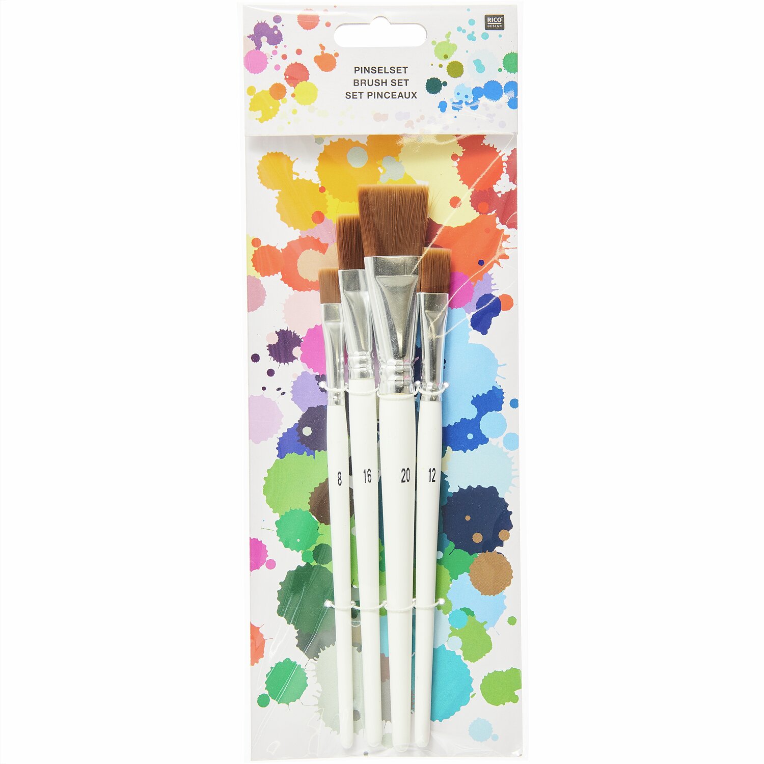 Spezialhobby Pinselset, 4-teilig, von Rico Design. Enthält weiße Pinsel vor buntem Hintergrund.