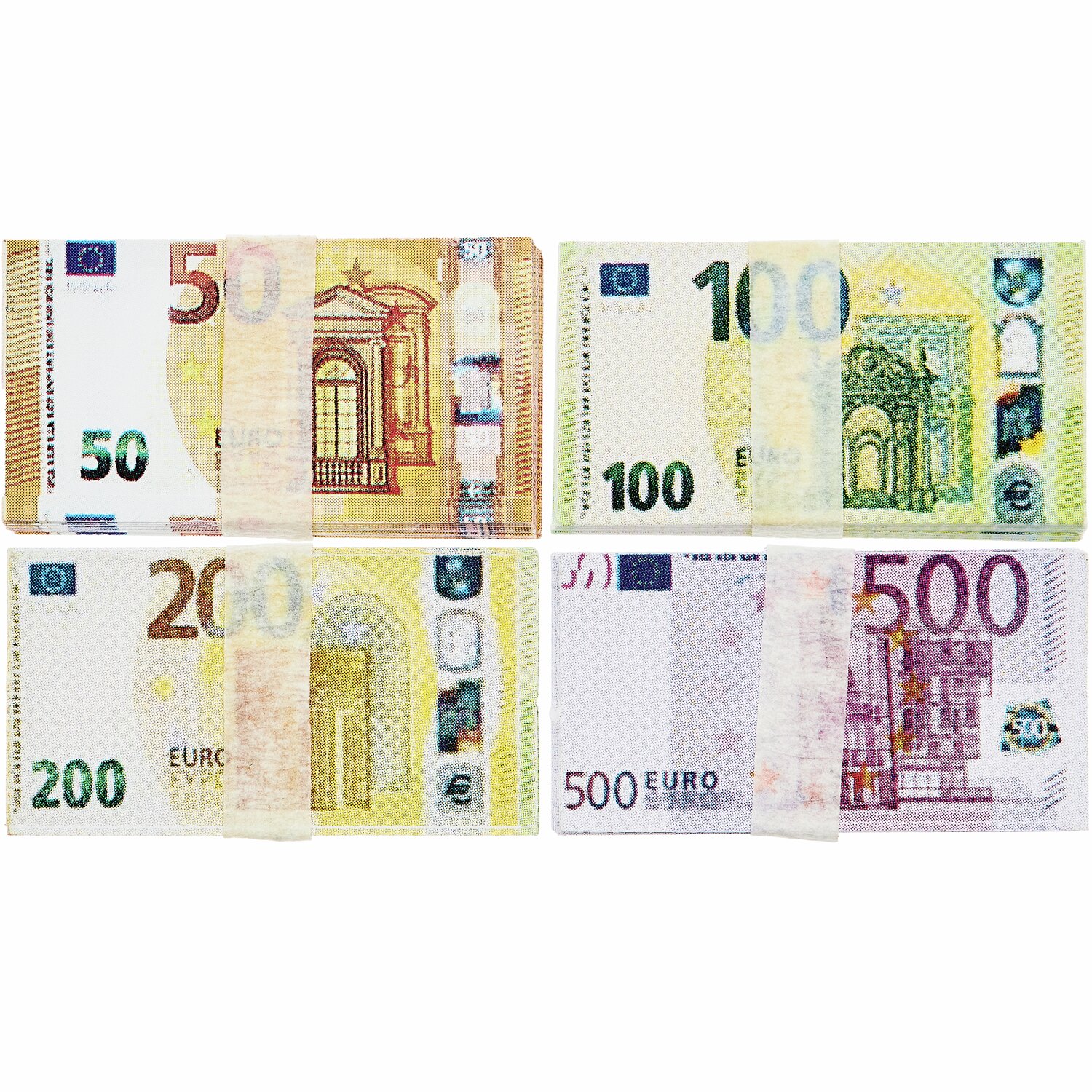 Miniatur Geld 3 Geldbündel zeigt Euro-Geldscheine in verschiedenen Werten, gestaltet von Rico Design.