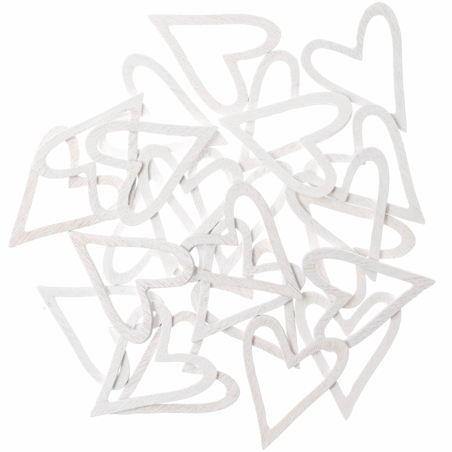 Holzstreu Herz offen 24 Stück: Weiße, offene Herzformen aus Holz, ideal für Dekorationen.
