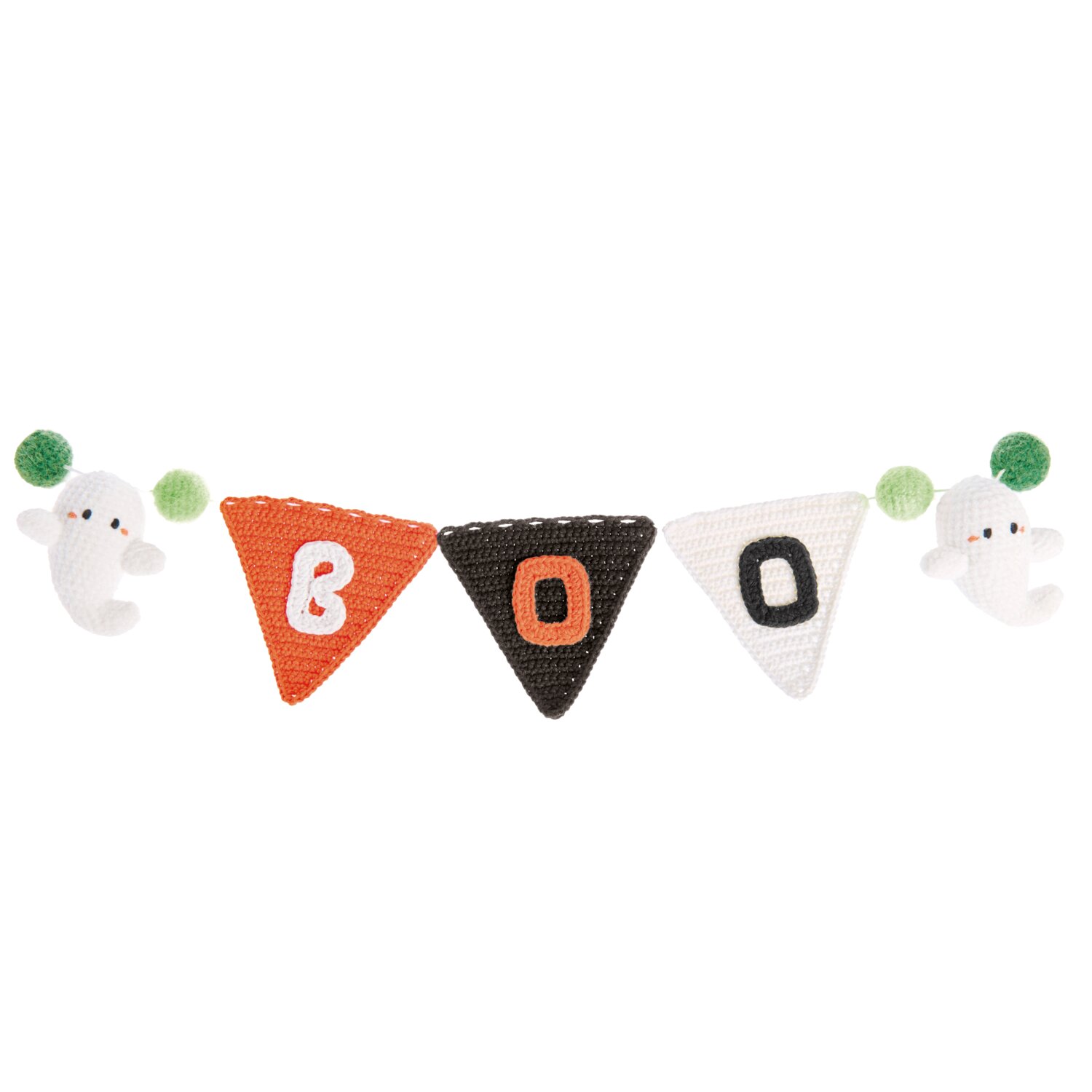 Ricorumi In the Meadow, gehäkelte Halloween-Girlande mit Geistern und Boo-Wimpeln aus orangem, schwarzem und weißem Garn, kombiniert mit grünen Pompons.