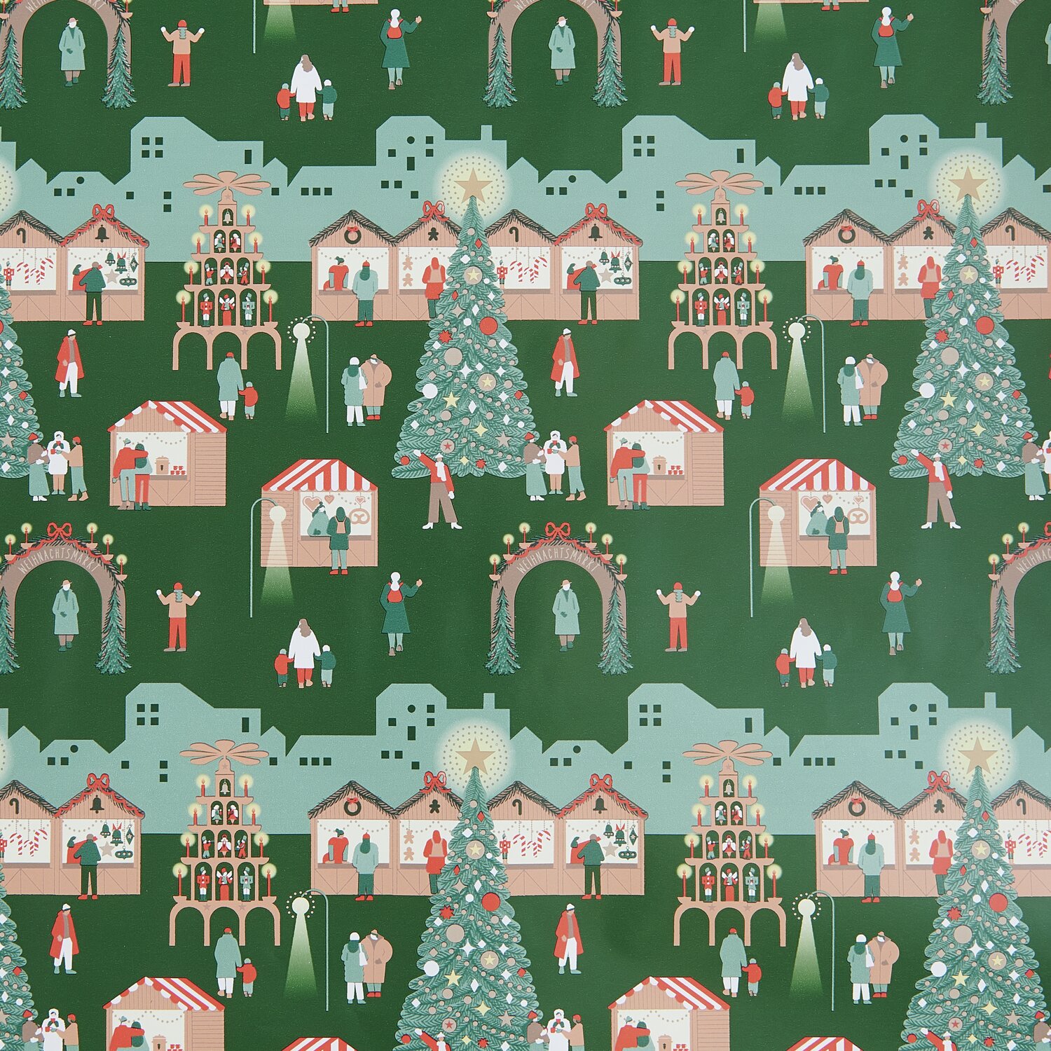 Paper Poetry Geschenkpapier Weihnachtsmarkt 200x70cm 80g/m² von Rico Design Paper Poetry Geschenkpapier Weihnachtsmarkt zeigt einen festlichen Weihnachtsmarkt mit Ständen und einem großen geschmückten Baum auf grünem Hintergrund.