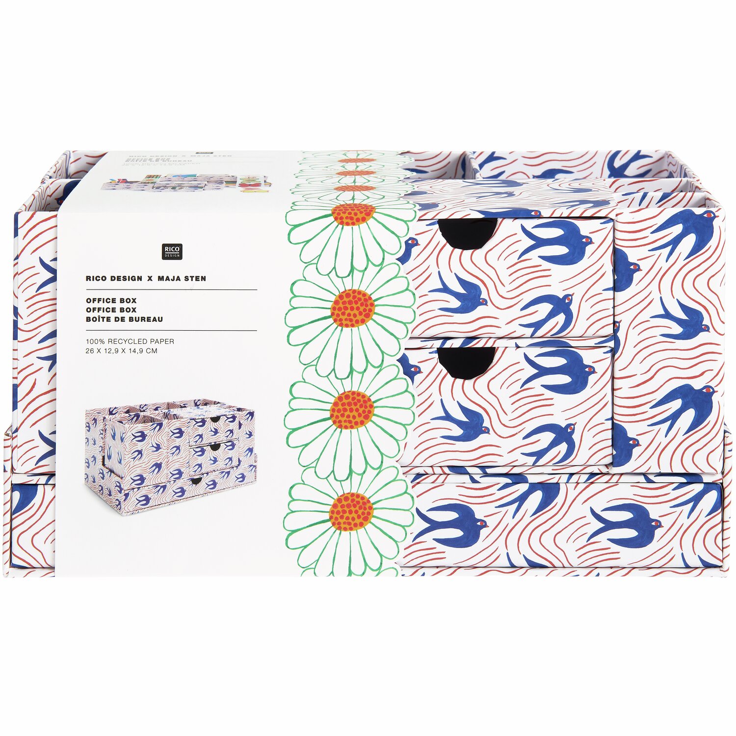 Office Box Midsommar Magic Schwalben mit blauen Schwalben und Blumenmuster, 26x12,9x14,9cm, von Rico Design. Ideal für stilvolle Organisation.