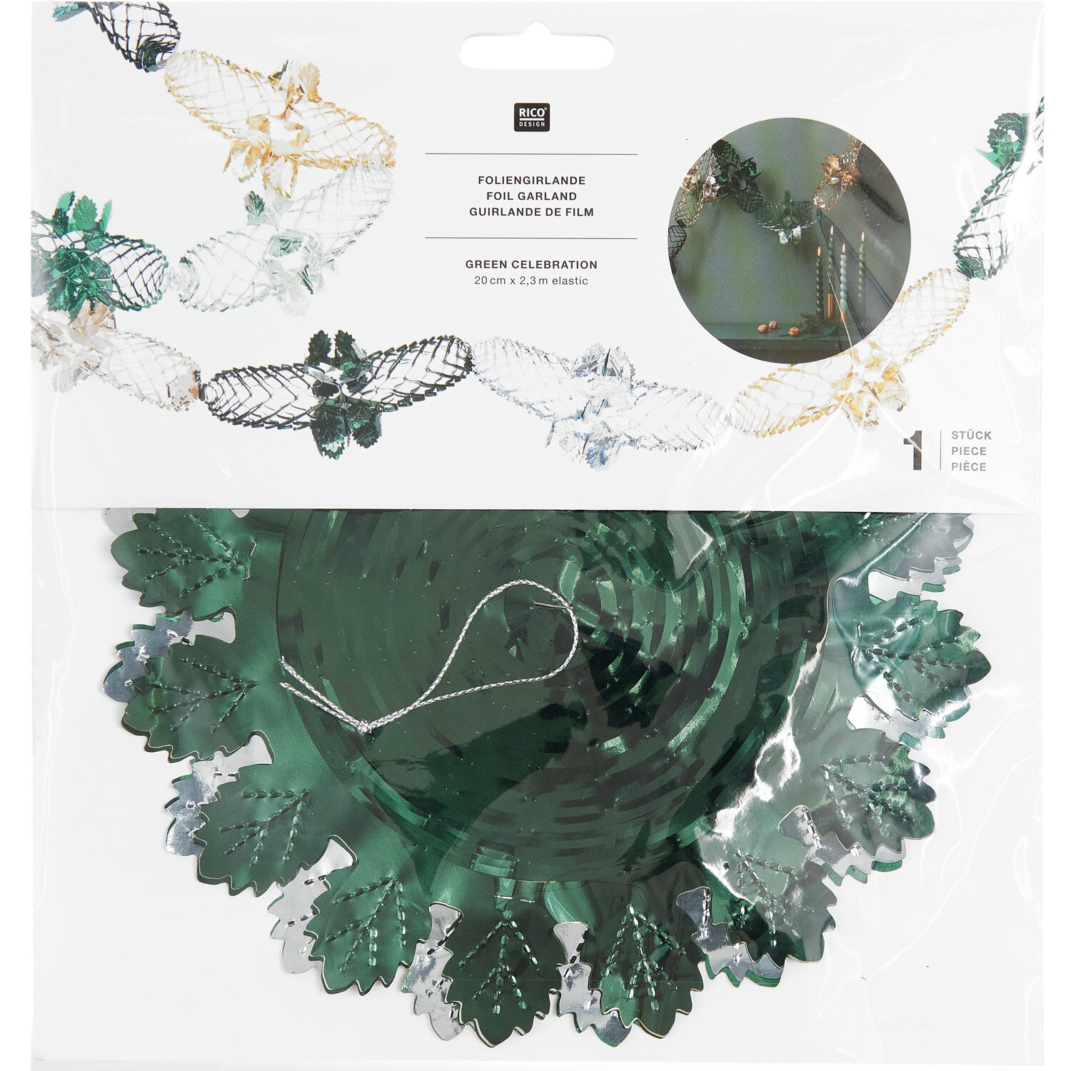 Foliengirlande 2,3m Farbe Mint/Gold von Rico Design Foliengirlande von Rico Design in Mint/Gold, 2,3m lang, dekoriert mit glänzenden Blättern für festliche Anlässe.