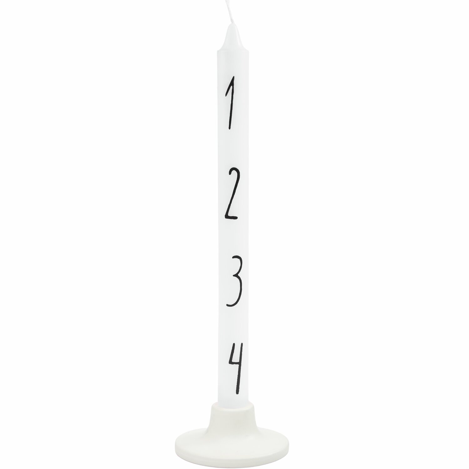 Adventskerze Zahlen 1-4, weiß, Ø2,2x28cm, von Rico Design, zeigt Zahlen 1 bis 4 in Schwarz.