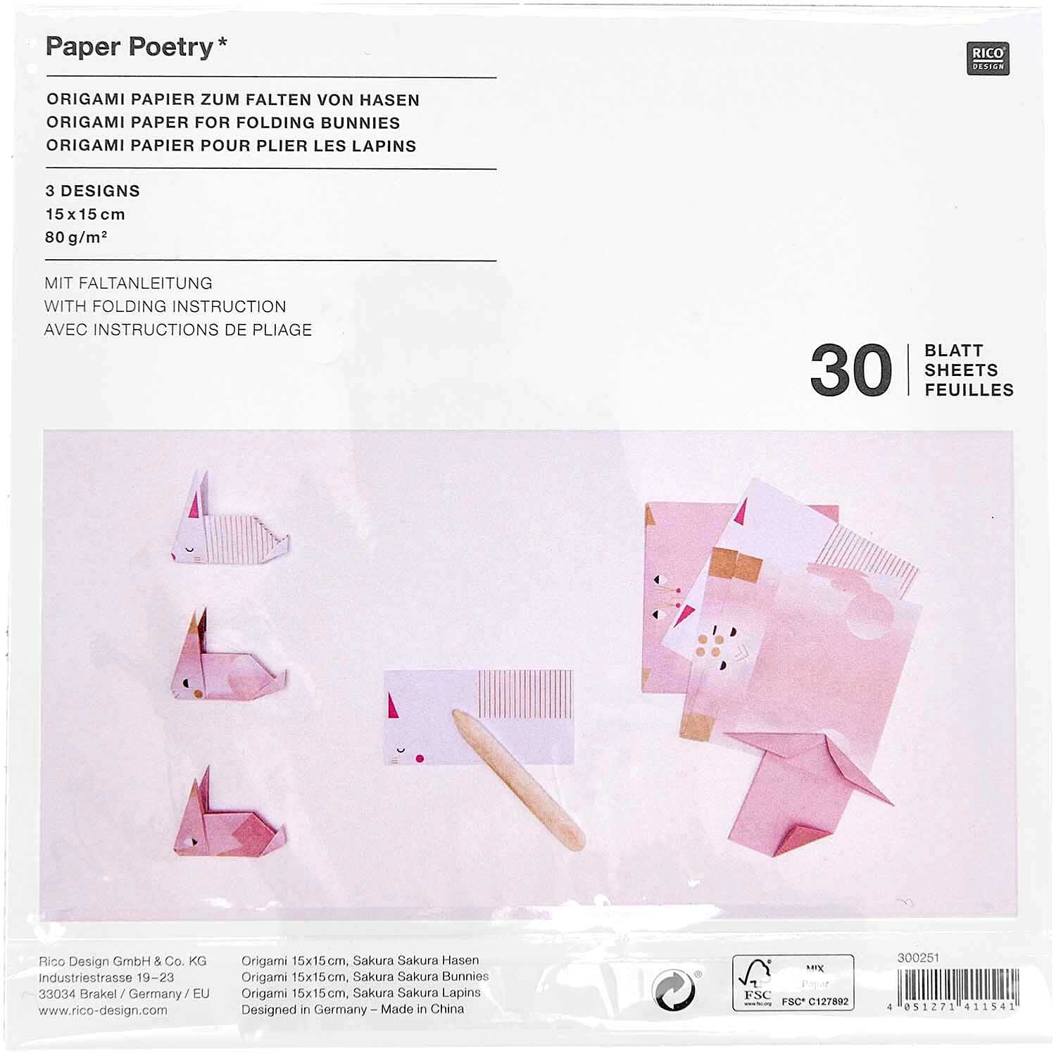 Paper Poetry Origami Hasen 15x15cm 30 Blatt von Rico Design