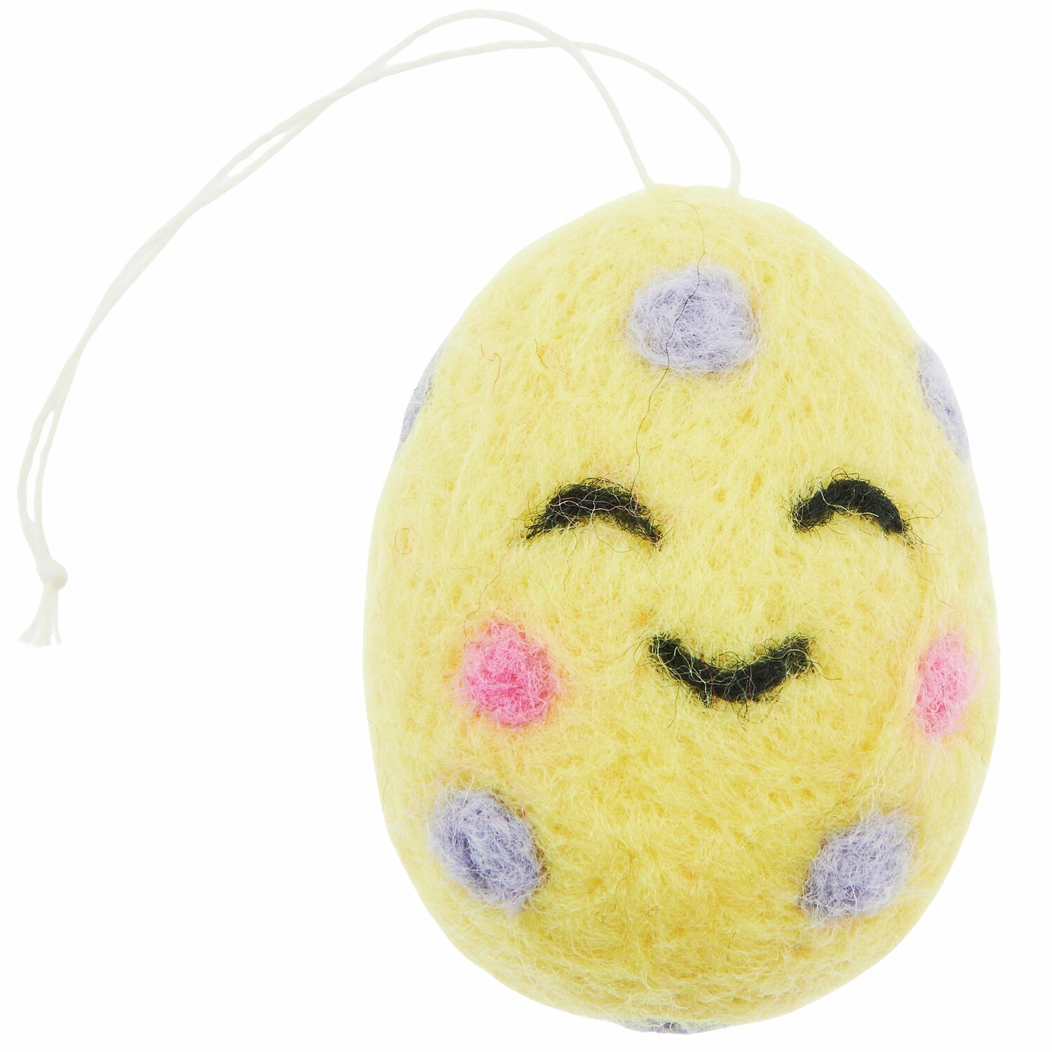 Aufhänger Filz-Ei 3D gepunktet mit Gesicht Gelb, 5x3,8x3,8cm. Gelbes Filz-Ei mit lachendem Gesicht und bunten Punkten.