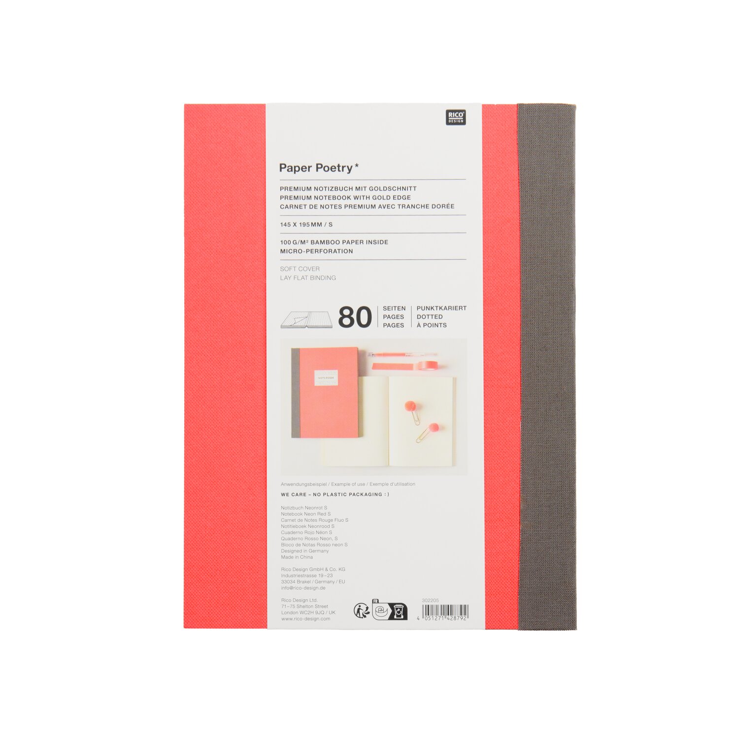 Paper Poetry Notizbuch S, Rico Design, Neonrot, Goldrand, hochformatiges Hardcover mit grauem Rücken, 80 Seiten, minimalistisches Schreibwaren-Design