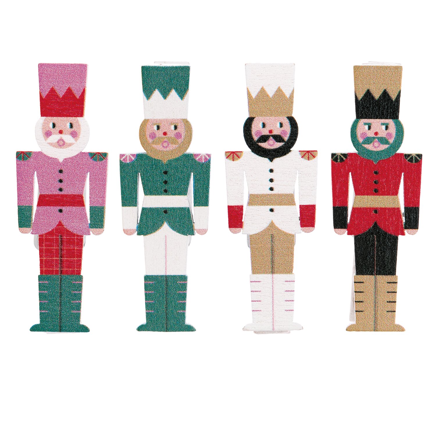 Dekoklammern Nussknacker Mix 4,8cm 4 Stück: Vier bunte Nussknacker aus Holz, ideal für festliche Dekorationen.