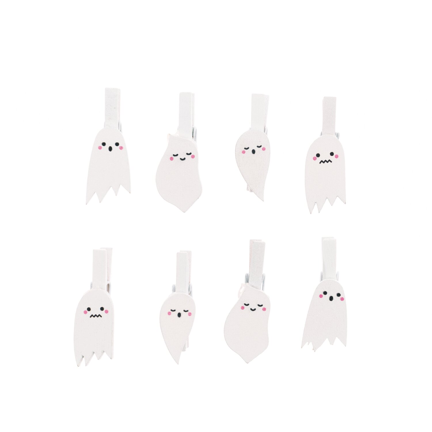 Holzclips Gespenster Mix weiß 8 Stück: Acht weiße Clips in Gespensterform, ideal für Dekorationen.