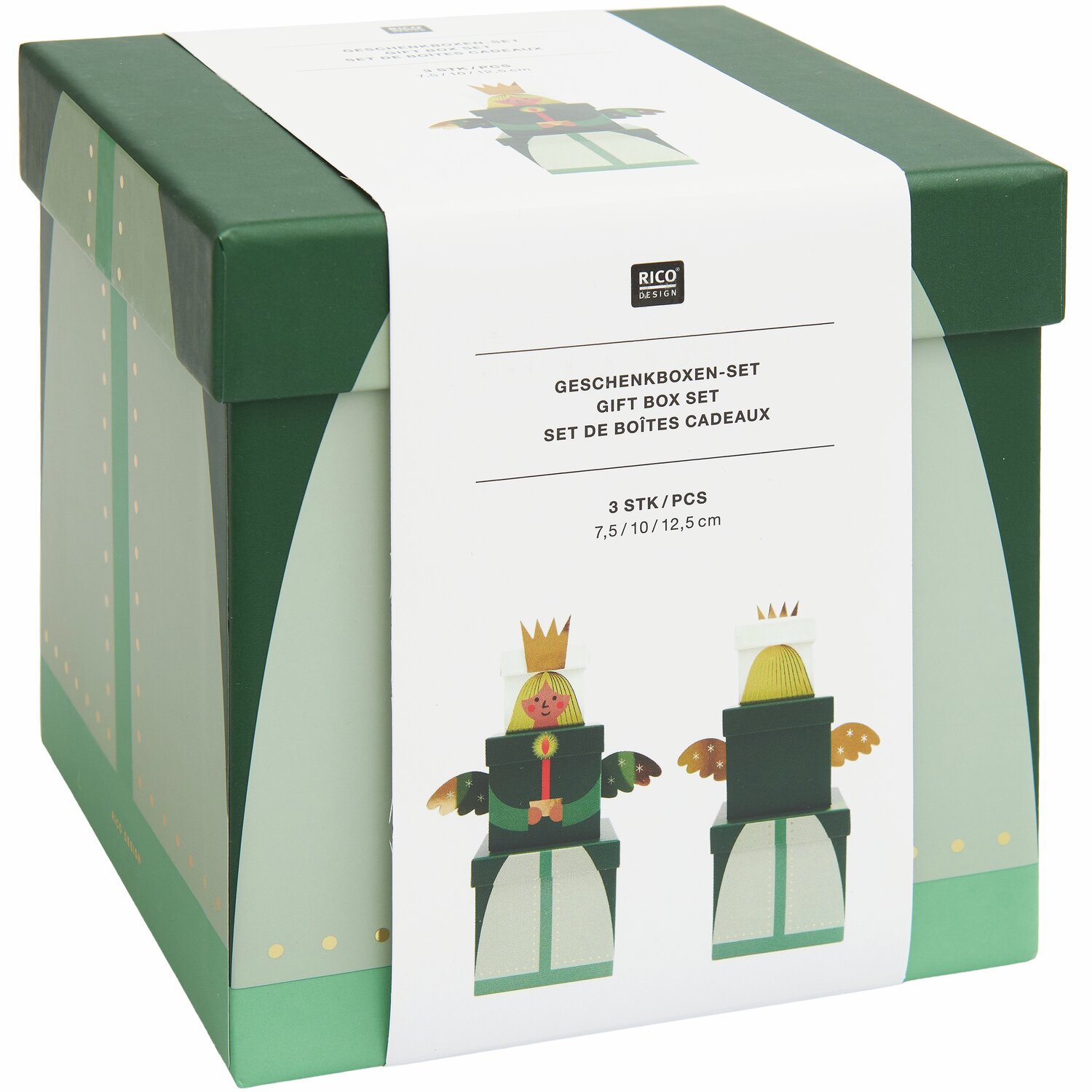 Geschenkboxen-Set Engel von Rico Design, 6-teilig, in grün mit Engelsmotiven auf der Verpackung.