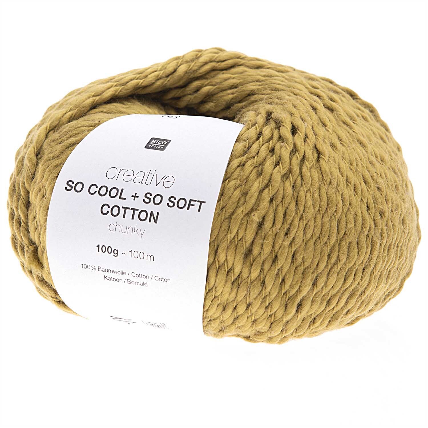 Creative So Cool + So Soft Cotton chunky: Senffarbene Wolle von Rico Design, 100g, 100m, ideal für Strickprojekte.