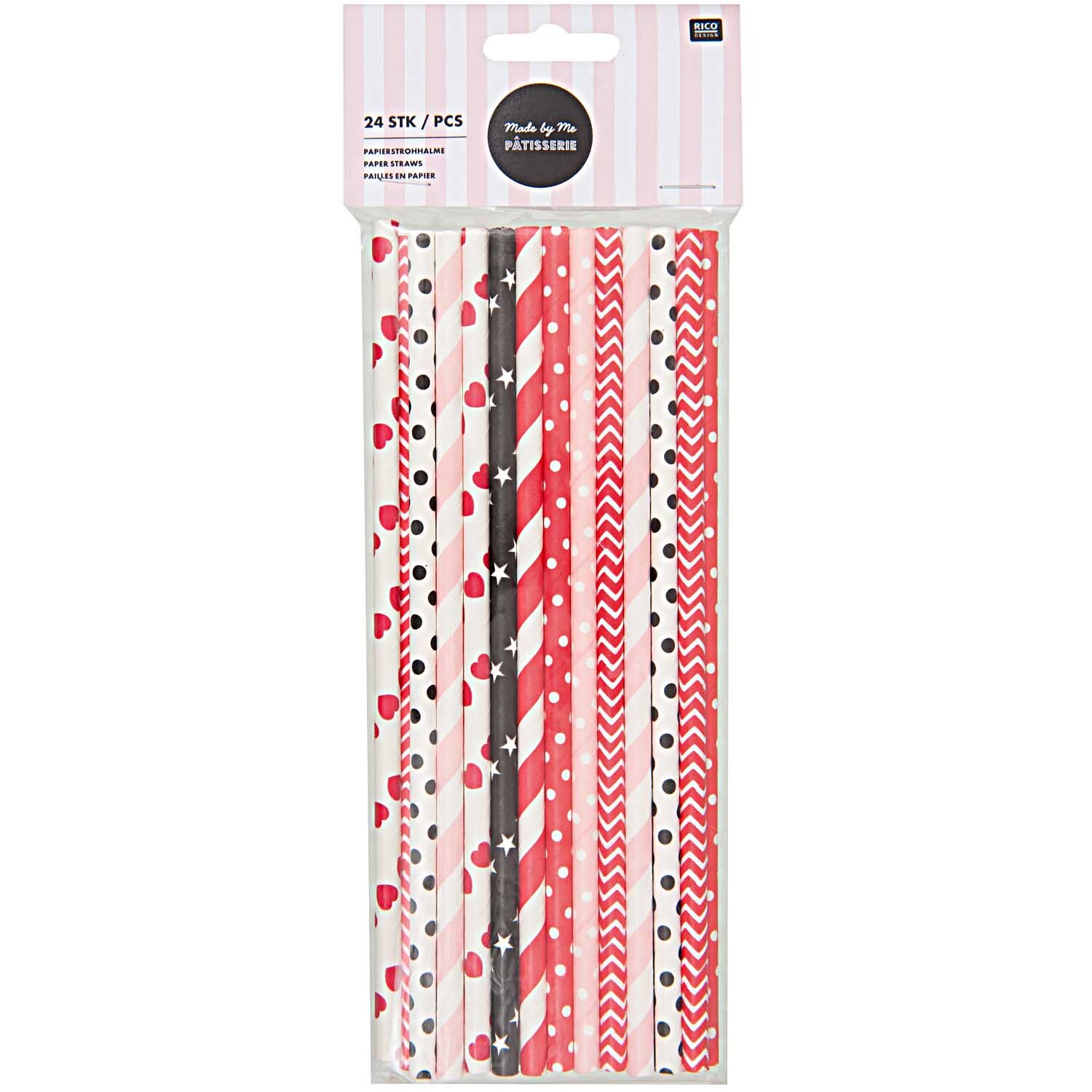 Papierstrohhalme rot-schwarz-rosa 24 Stück