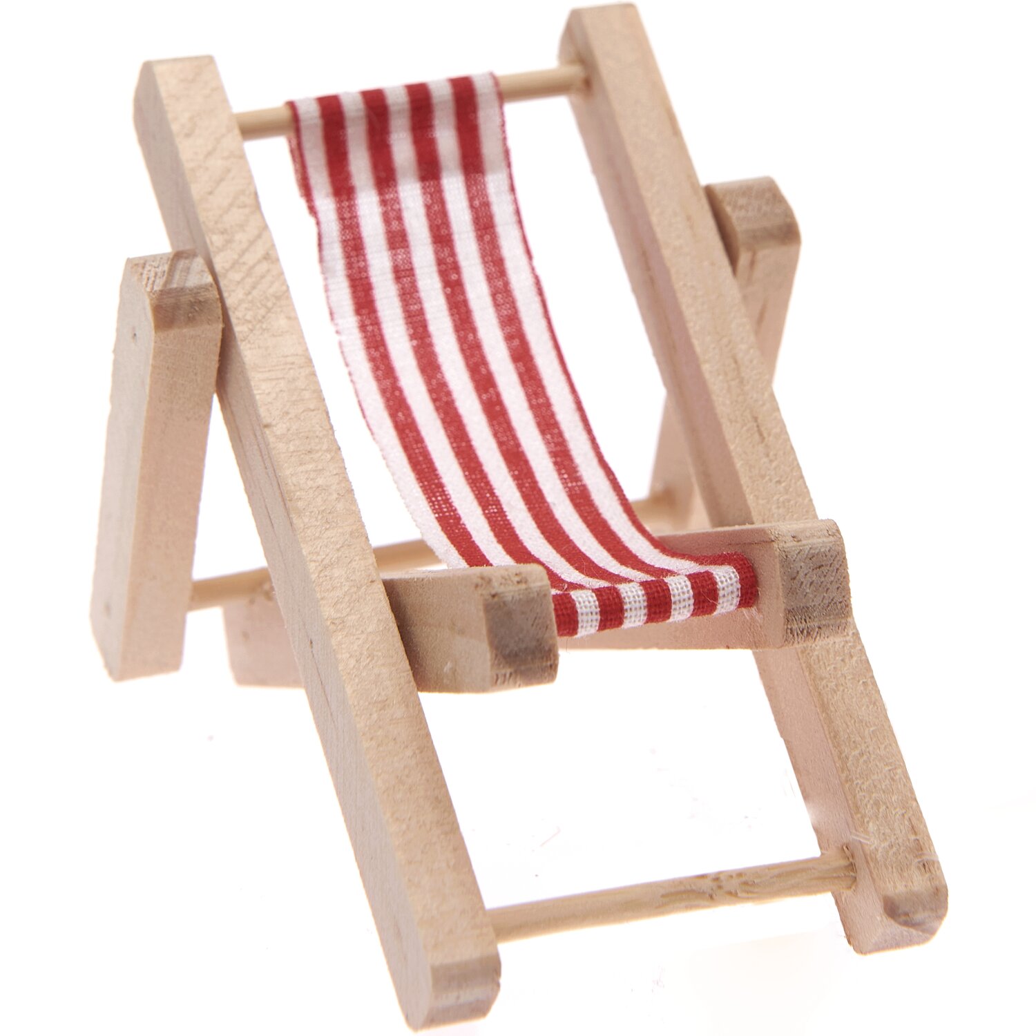 Deko-Liegestuhl rot-weiß: Miniatur-Liegestuhl mit gestreiftem Stoff, ideal für kreative Dekorationen.
