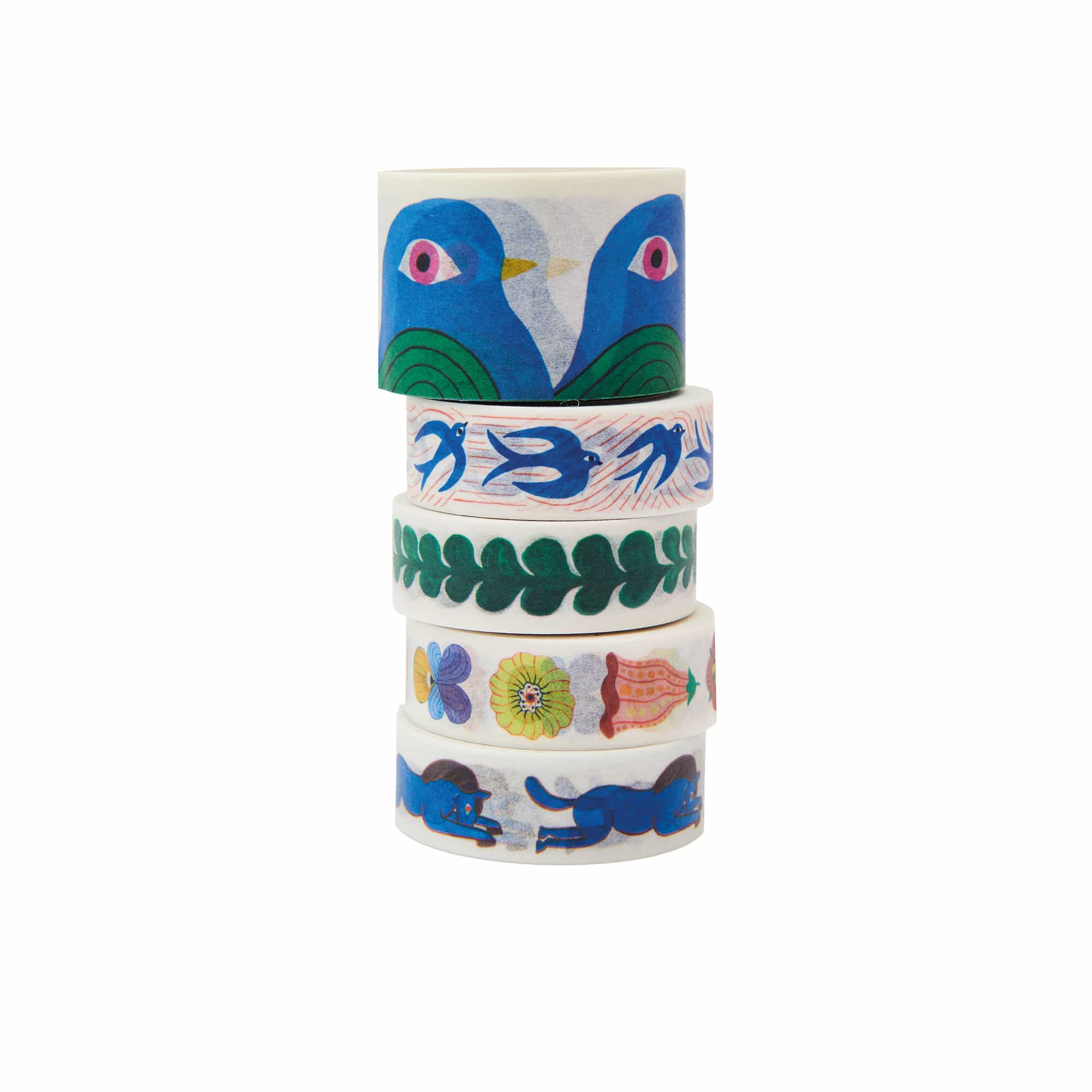 Ein Stapel Washi Tape mit Blumen- und Tiermustern