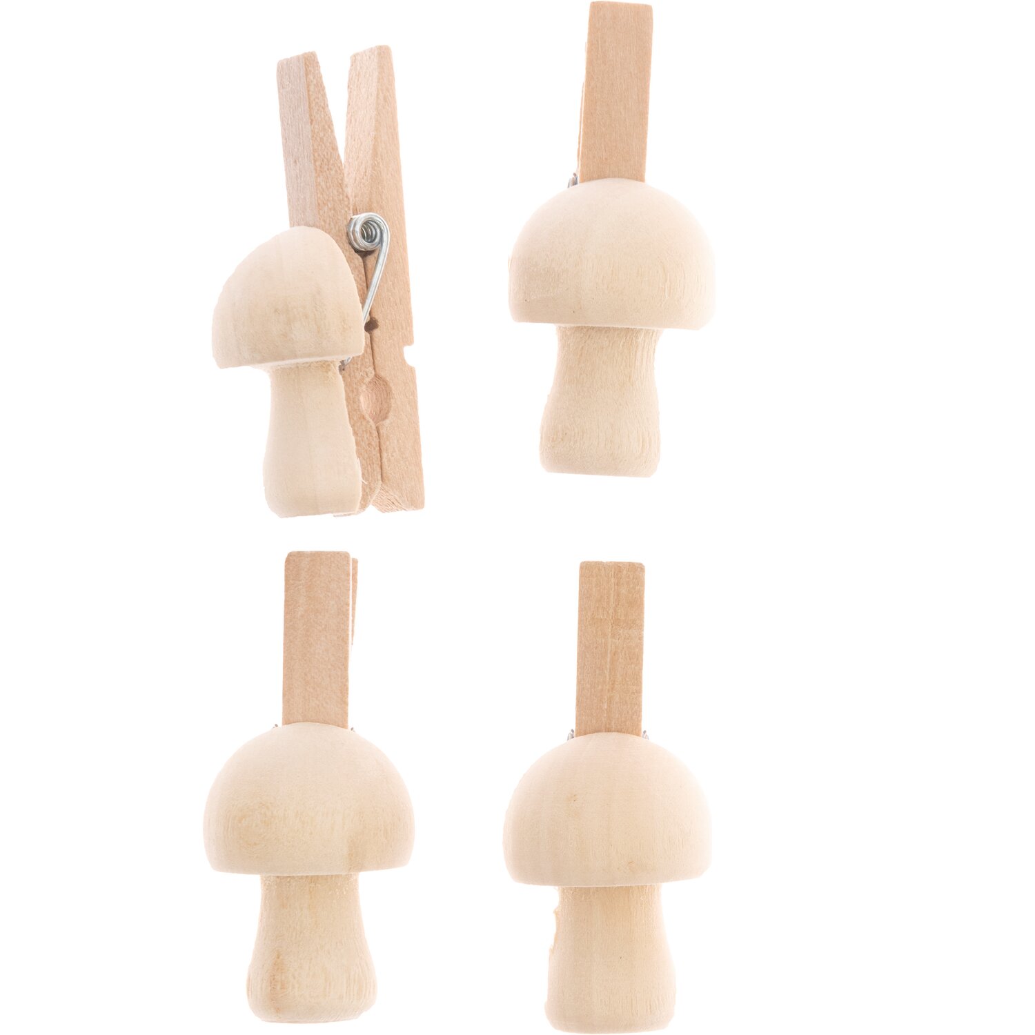 Dekoklammern Pilz natur 4,8cm 4 Stück: Vier naturfarbene Holzklammern in Pilzform, ideal für kreative Dekorationen.