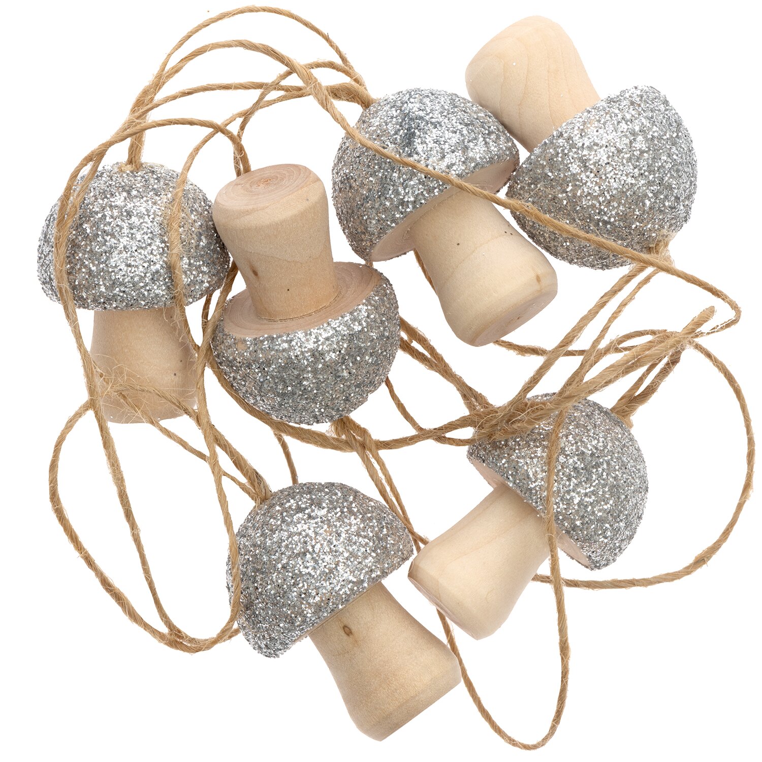Holzhänger Pilz mit Glitter silber 23x30mm 6 Stück: Dekorative Pilzhänger mit silbernem Glitzer, ideal für festliche Dekorationen.