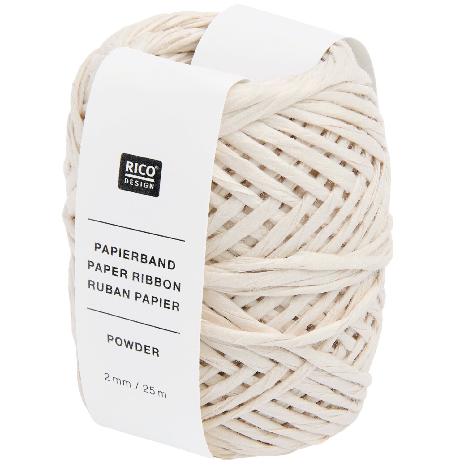 Papierband, aufgerolltes Dekoband in hellem Puderton von Rico Design, sauber gewickelt auf Papierbanderole mit Angabe 2mmx25m für Geschenke und Bastelprojekte