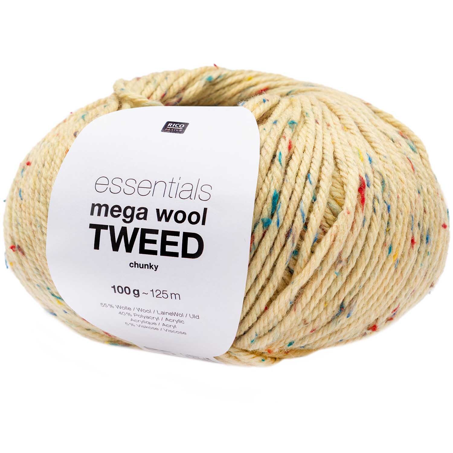 Essentials Mega Wool Tweed chunky in Vanille von Rico Design, 100g Knäuel mit bunten Sprenkeln.