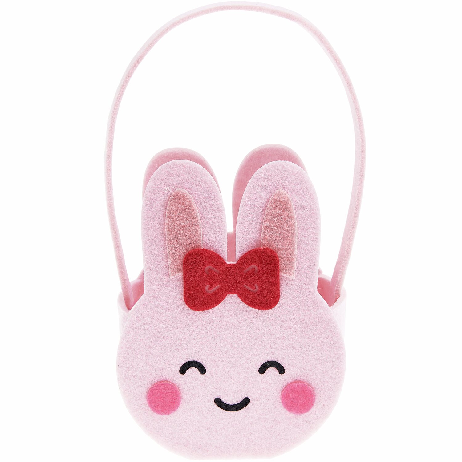 Filz-Korb Hase: Rosa Hasenkorb mit roter Schleife, lächelndem Gesicht, ideal für Ostern. Maße 20x10,5x6,5cm.