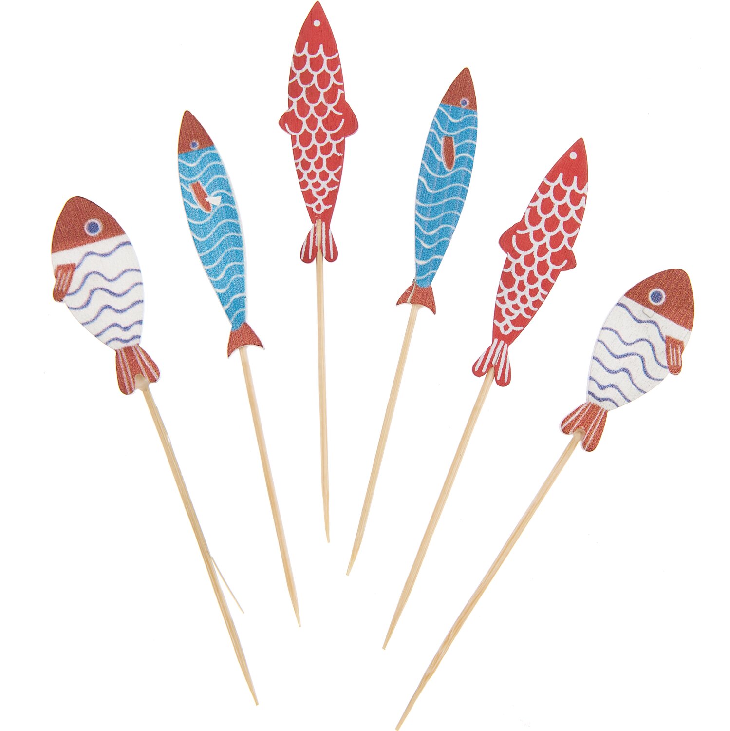 Deko-Picker Fisch Mix in Rot und Blau, 7,5-8,5cm, 6 Stück. Ideal für kreative Tischdekorationen.