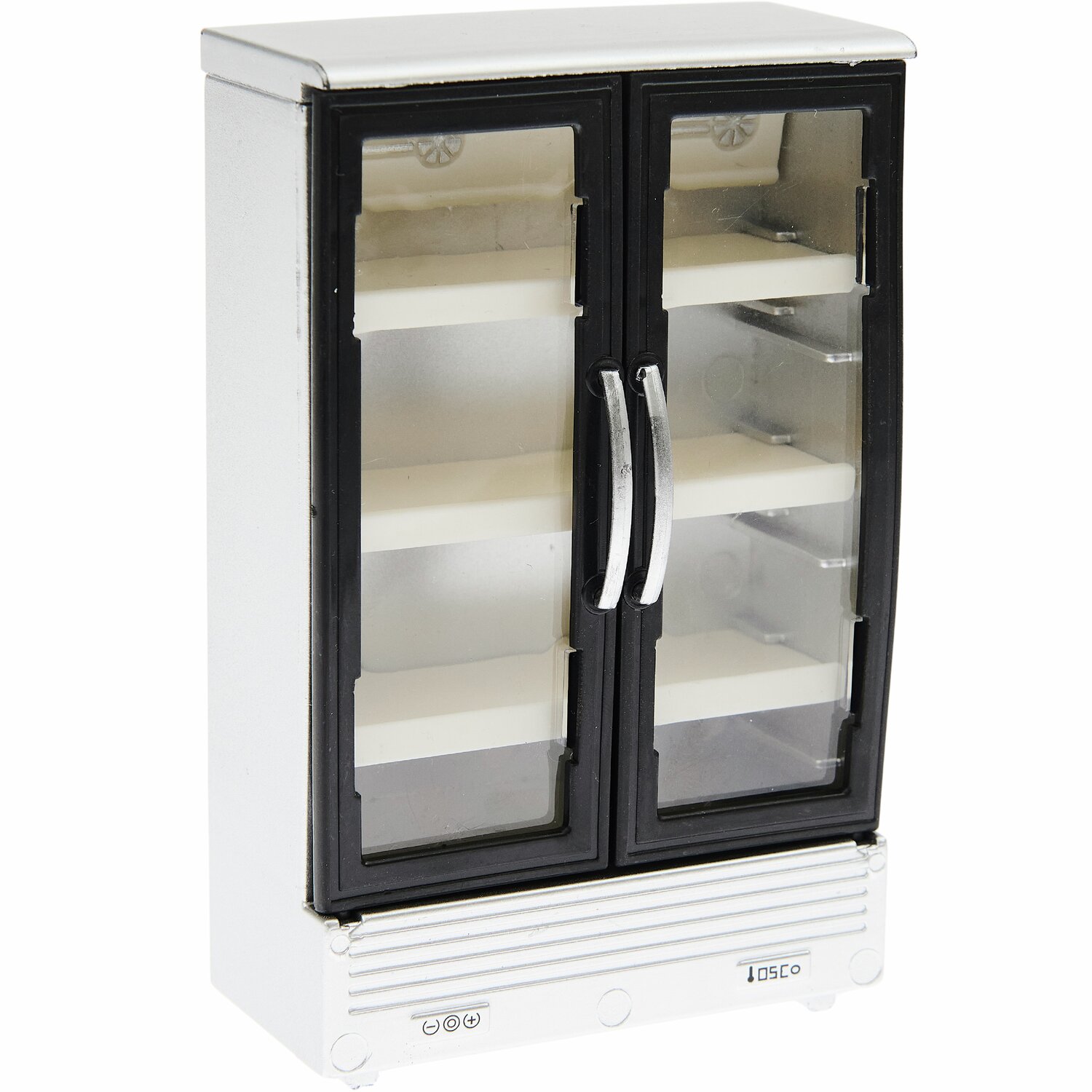 Miniatur Kühlschrank mit zwei Glastüren, weißem Gehäuse und mehreren Regalen von Rico Design.