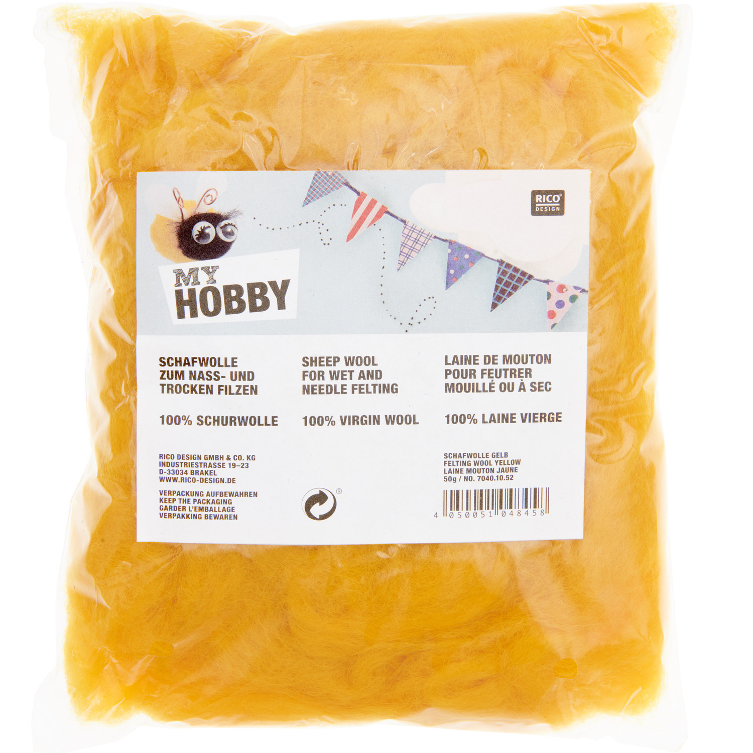 Schafwolle 50g von Rico Design in Gelb, ideal zum Nass- und Trockenfilzen, verpackt in einer transparenten Tüte.
