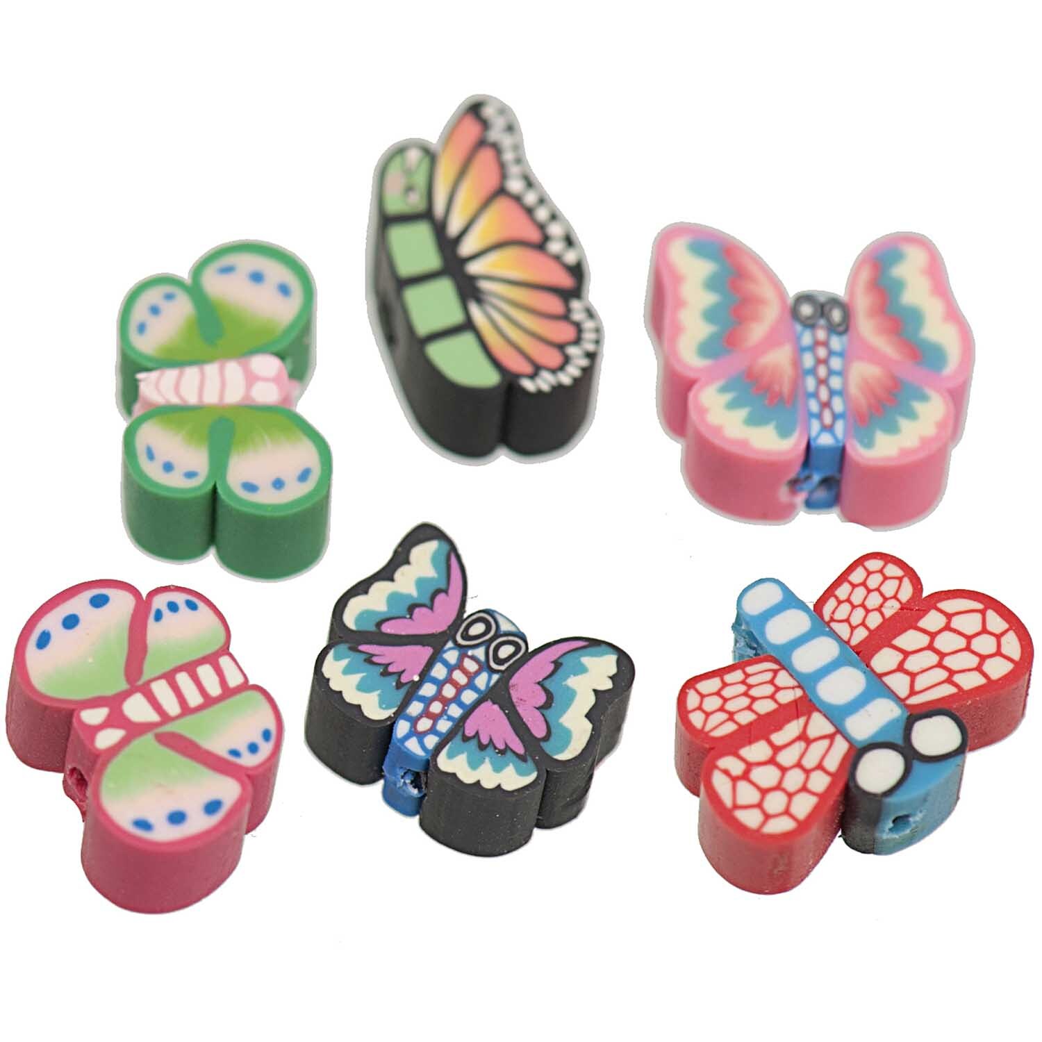 Perle Schmetterlinge gemustert 10x9mm 6 Stück, Mehrfarbig, von Rico Design, zeigen bunte Schmetterlingsdesigns in verschiedenen Formen und Farben.