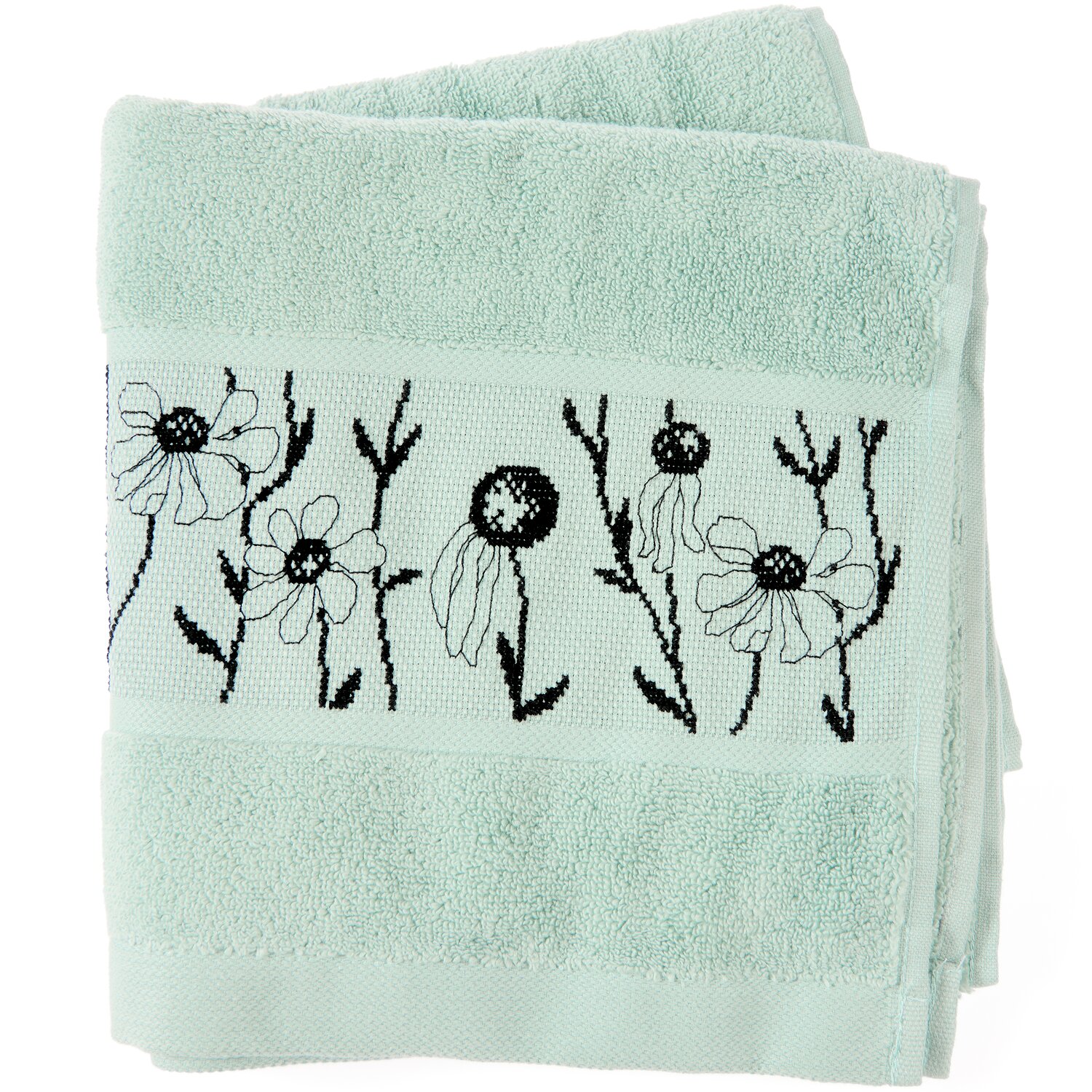 Stickset Handtuch, Mint Modell 80853 aus Stickbuch 186 zeigt weiches Frotteehandtuch in Pastellgrün mit schwarzer, floraler Kreuzstichbordüre.