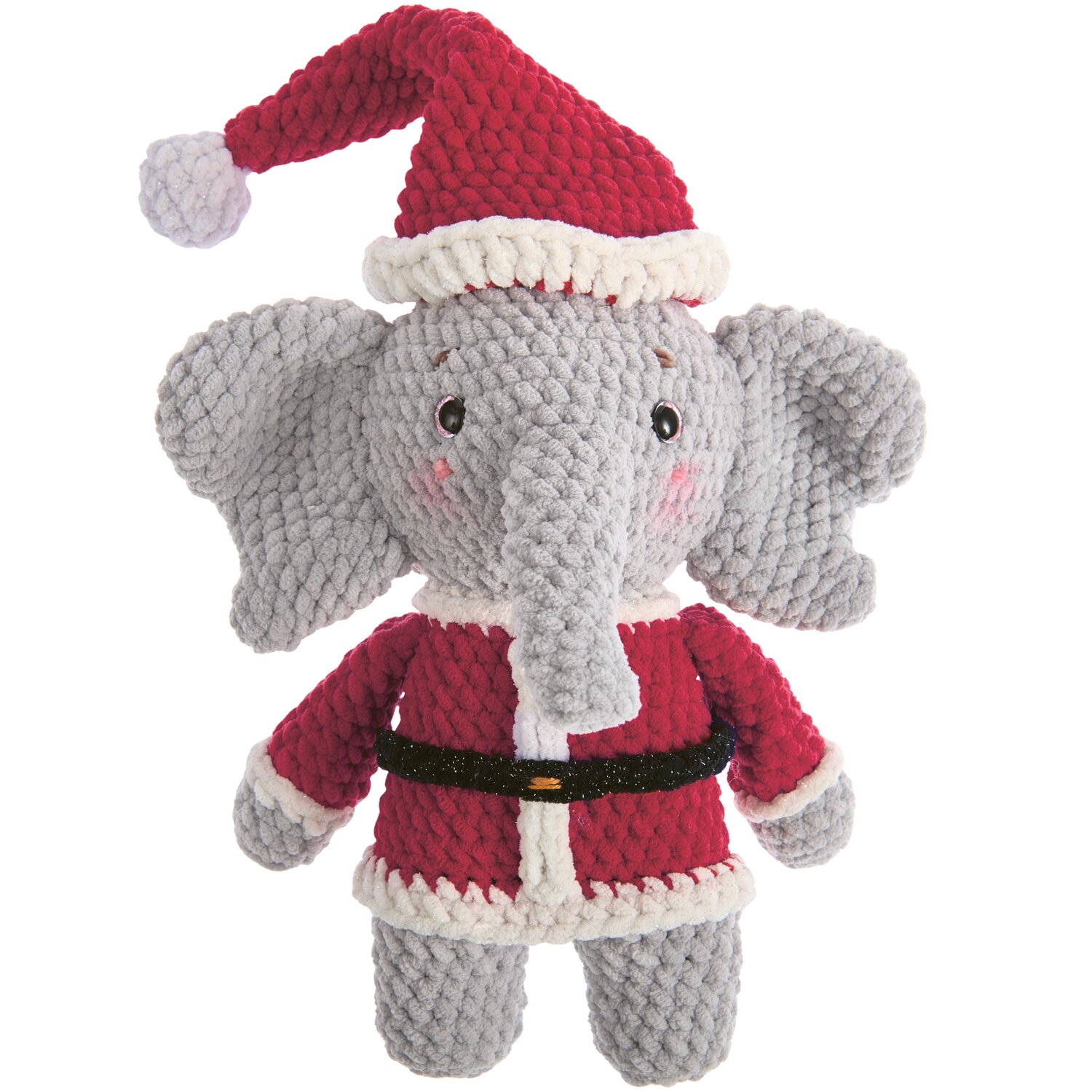 Creative Chenillove Sparkle 100g 110m Farbe Creme von Rico Design Creative Chenillove Sparkle: Grauer Elefant in rotem Weihnachtsanzug mit Mütze, gestrickt.
