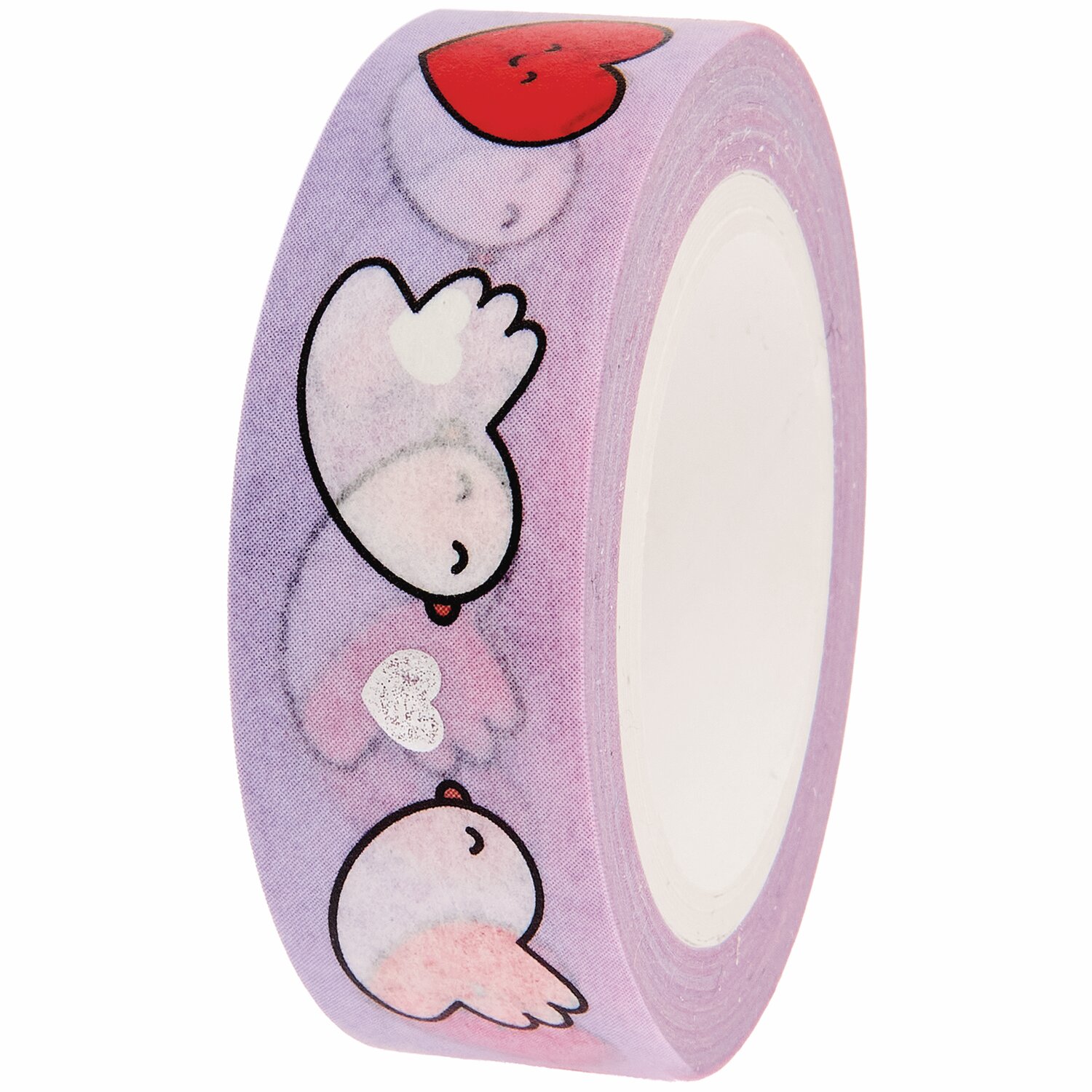 Tape Chingu Vögel/Herzen, lila, 1,5cmx10m. Niedliche Vögel und Herzen auf dekorativem Washi Tape.