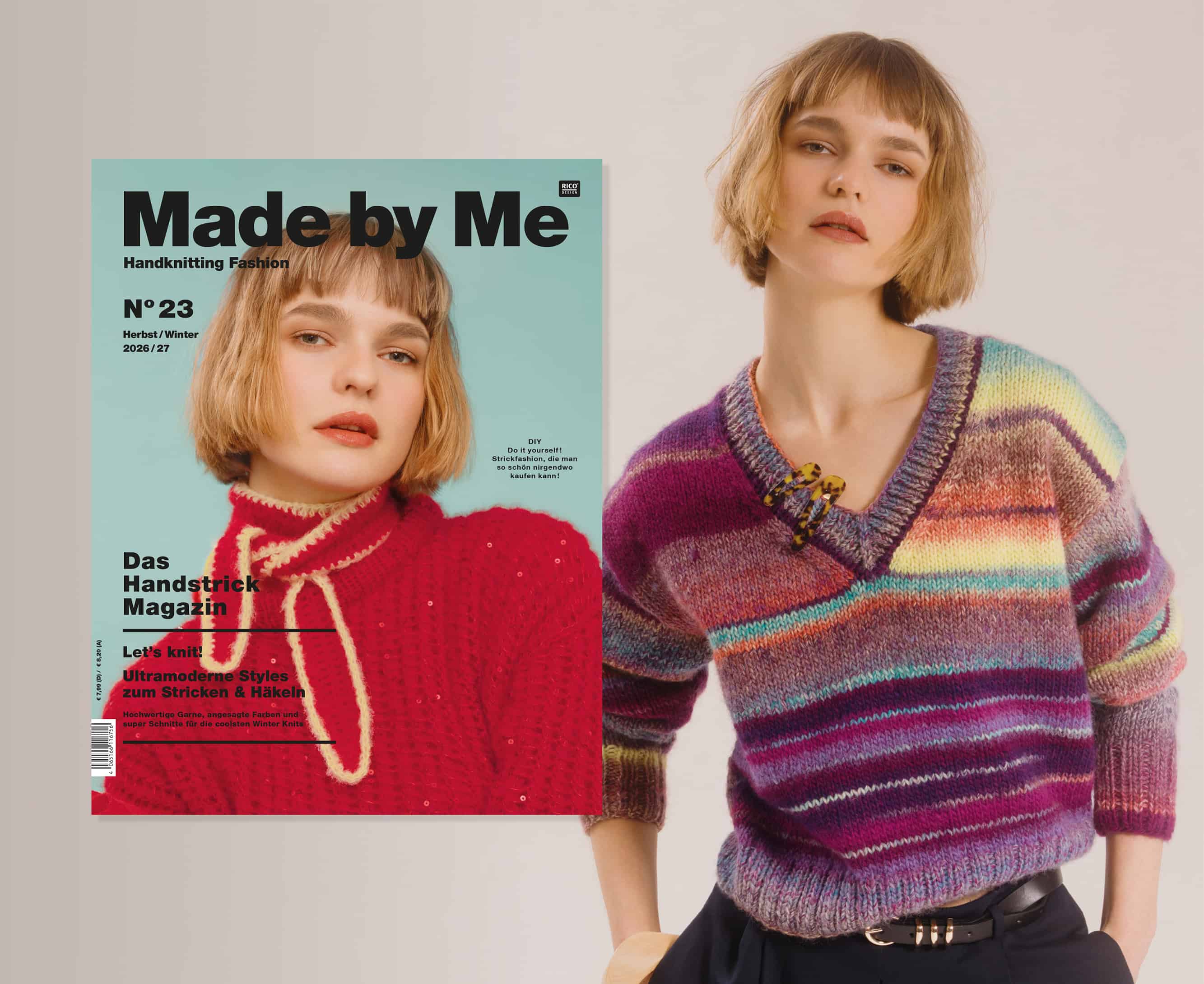 Farbenfroher Strickpullover getragen von einem Model. Daneben ein Cover des Handstrickmagazins Made by Me No. 23.