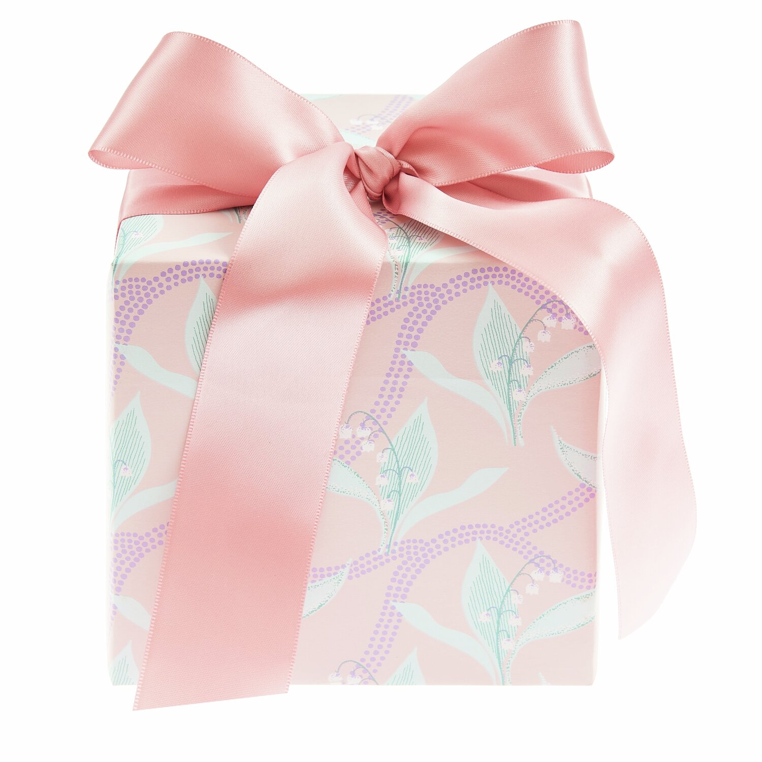 Paper Poetry Geschenkpapier Schneeglöckchen: Pastellrosa Papier mit floralen Mustern, verziert mit einer großen rosa Schleife. Ideal für elegante Geschenke.