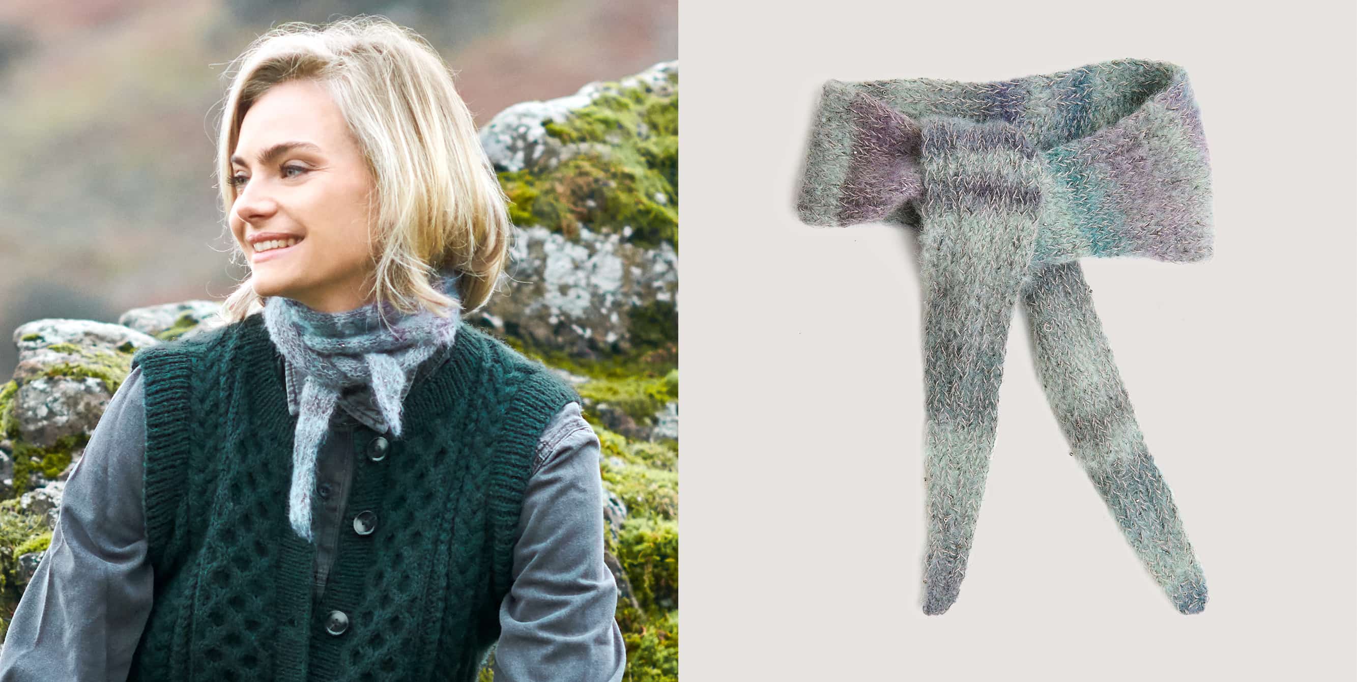 Gestricktes Mini-Tuch Modell 12 aus Lovewool No. 23 getragen von einer Frau und vor grauem Hintergrund.