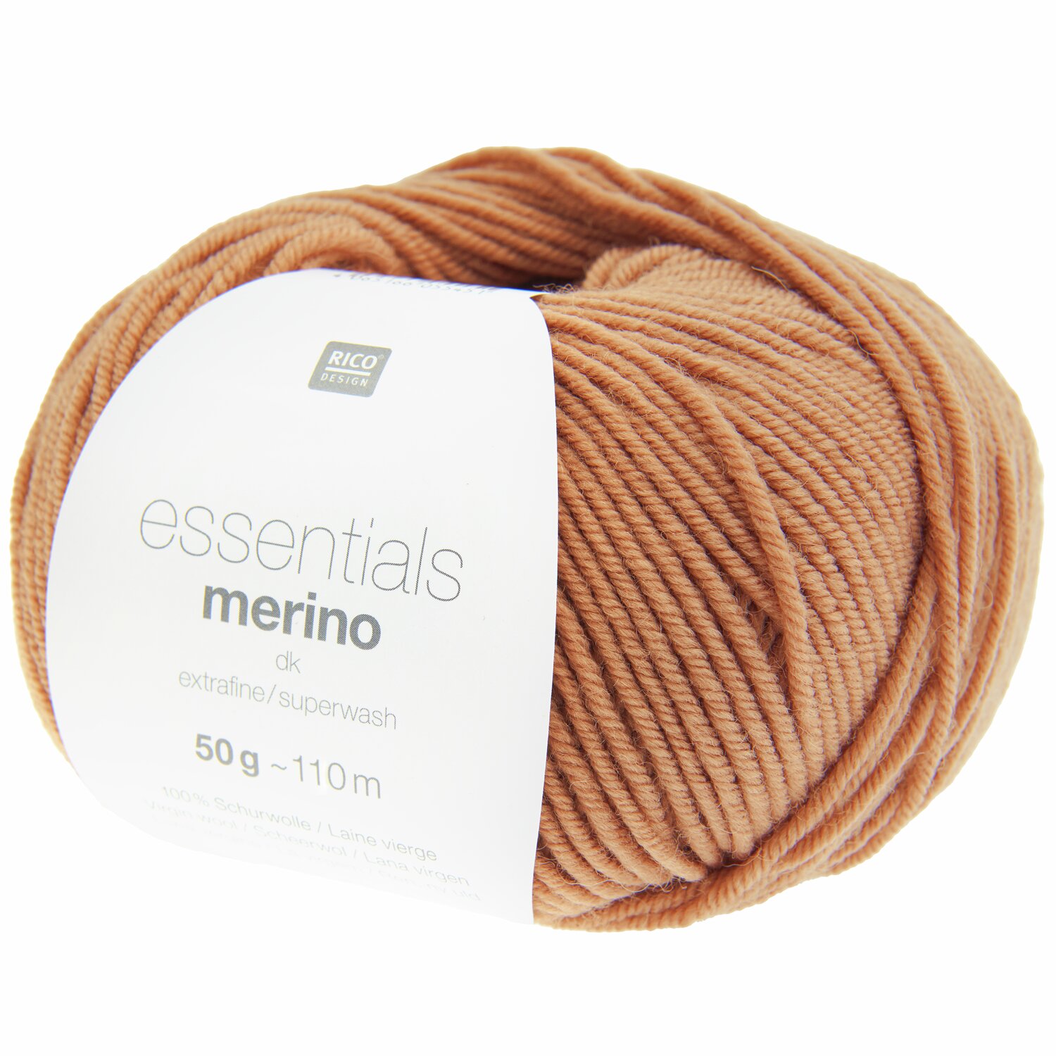 Essentials Merino dk Wolle in Karamell von Rico Design, 50g, 110m, ideal für Strickprojekte.