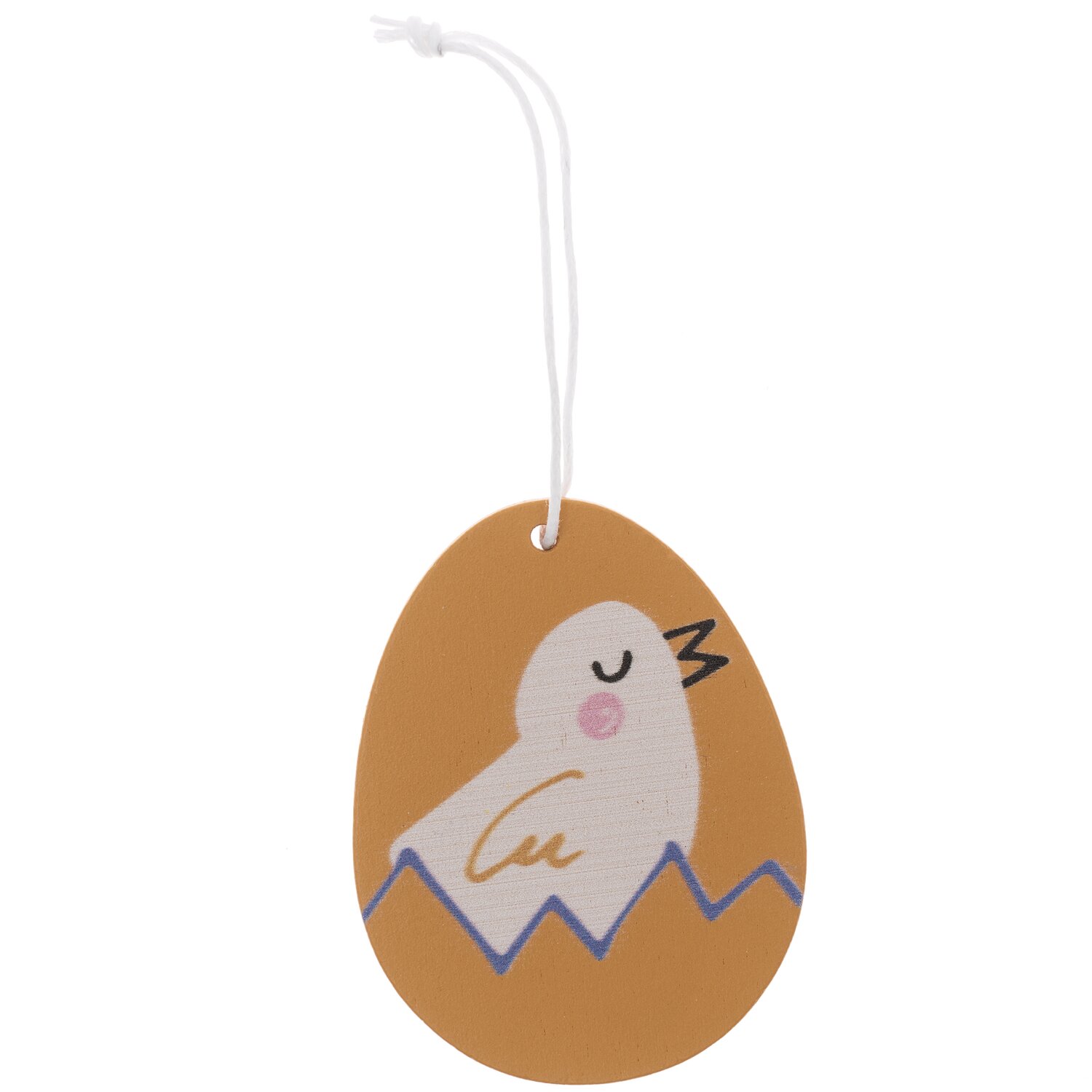 Holzhänger Osterei Küken 1 Stück: Braunes Ei mit Kükenmotiv und weißer Aufhängeschnur. Ideal für Osterdekorationen.