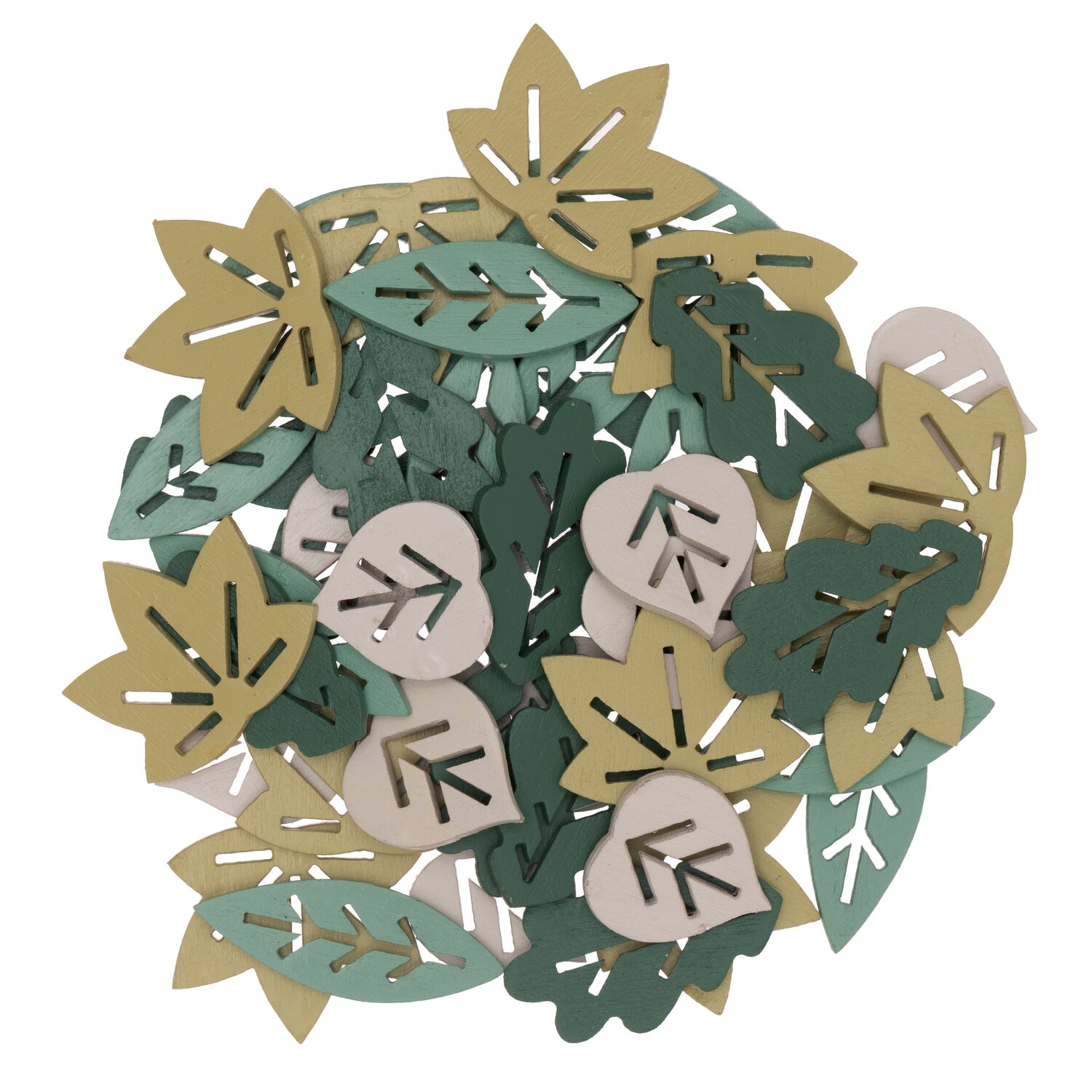 Holzstreu Blätter Mix grün 48 Stück zeigt dekorative, grüne Blätter aus Holz in verschiedenen Formen.