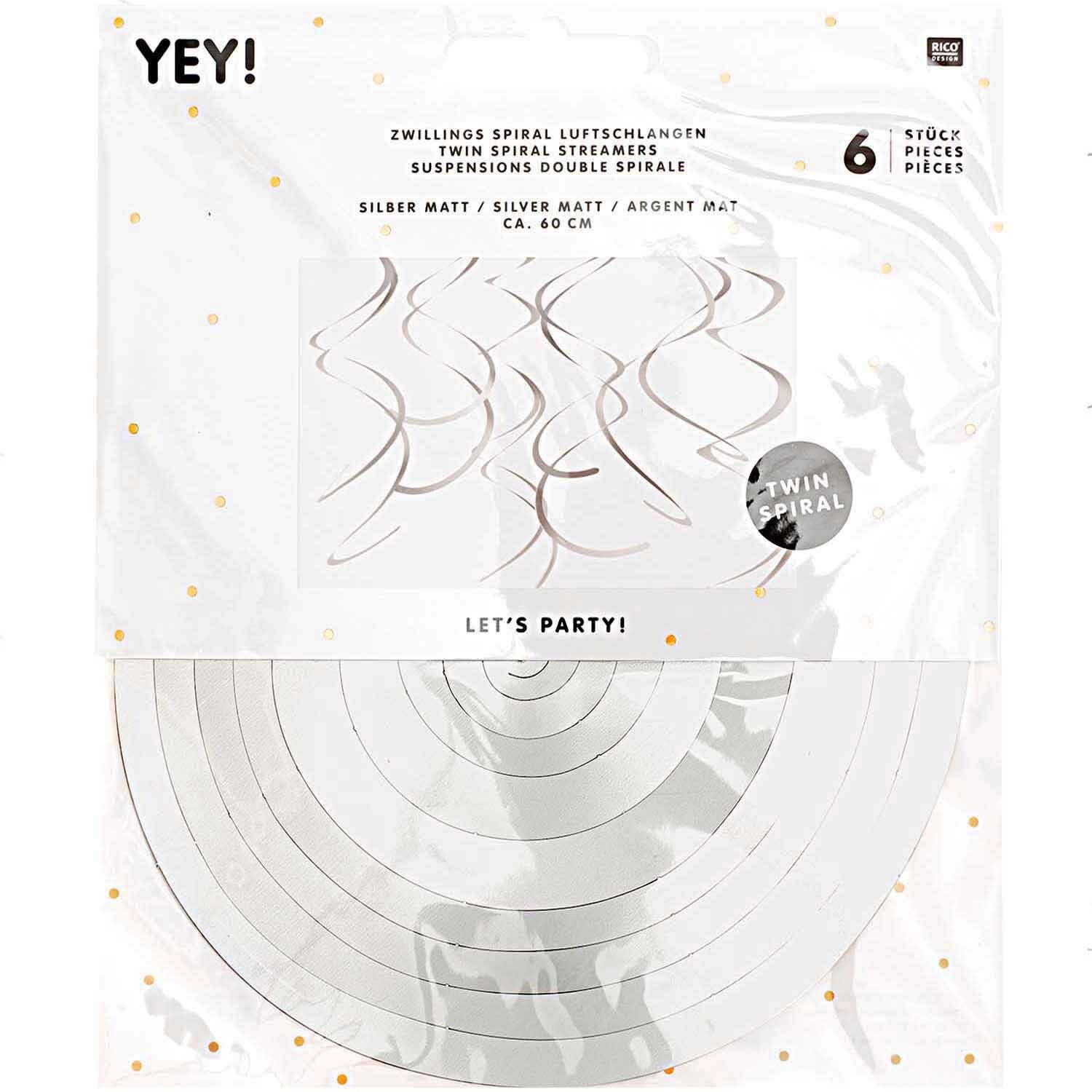 Spiralluftschlangen 60cm 6 Stück Farbe Silber Matt von Rico Design Spiralluftschlangen 60cm 6 Stück von Rico Design in Silber Matt, ideal für festliche Dekorationen.