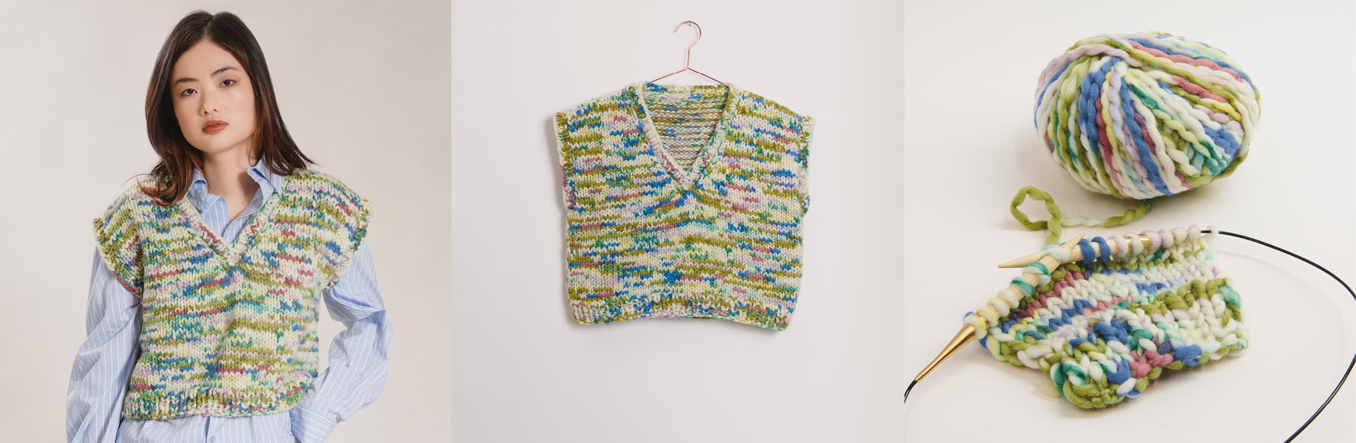 Gestrickter Pullunder in buntem Farbverlauf aus dem Handstrick Magazin Made by Me No. 23, präsentiert als getragenes Modell, Produktansicht und mit passendem Wollknäuel.