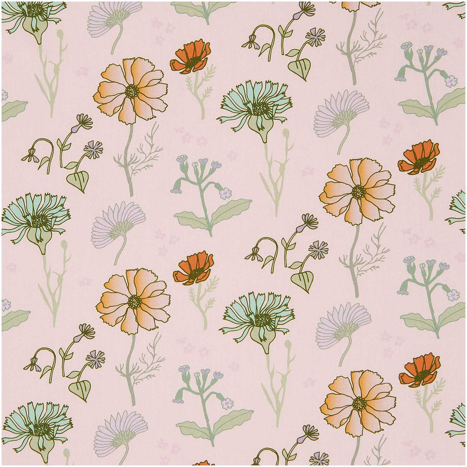 Stoffabschnitt Baumwoll-Popelin Blumen Rosa