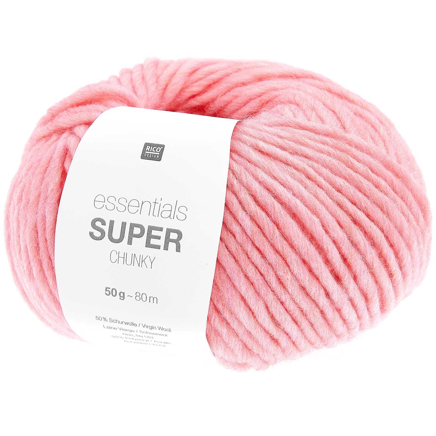 Essentials Super Chunky Wolle in Bonbonrosa von Rico Design, 50g Knäuel, ideal für Strickprojekte.