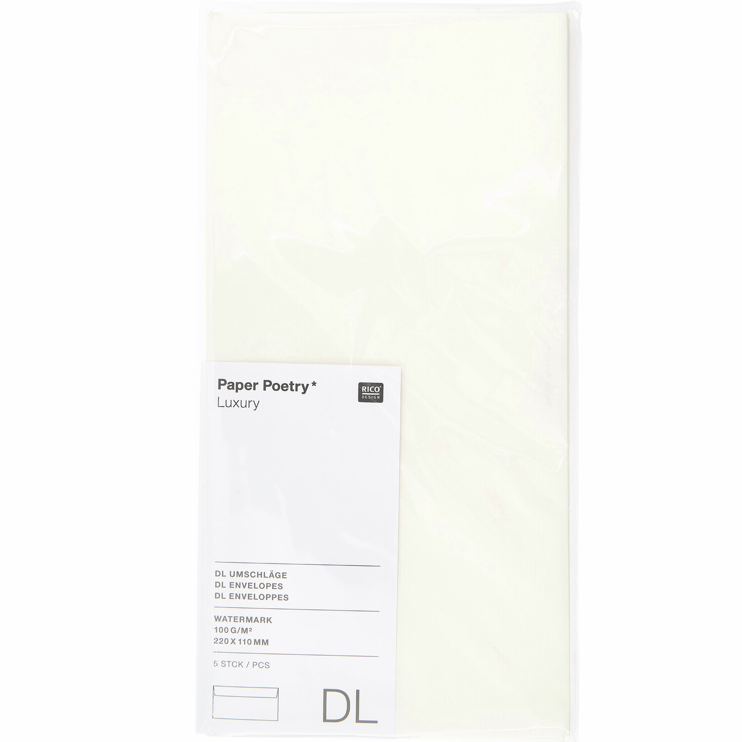Paper Poetry Luxury Umschläge in Elfenbein, 5 Stück von Rico Design, elegant verpackt in DIN Lang Format.