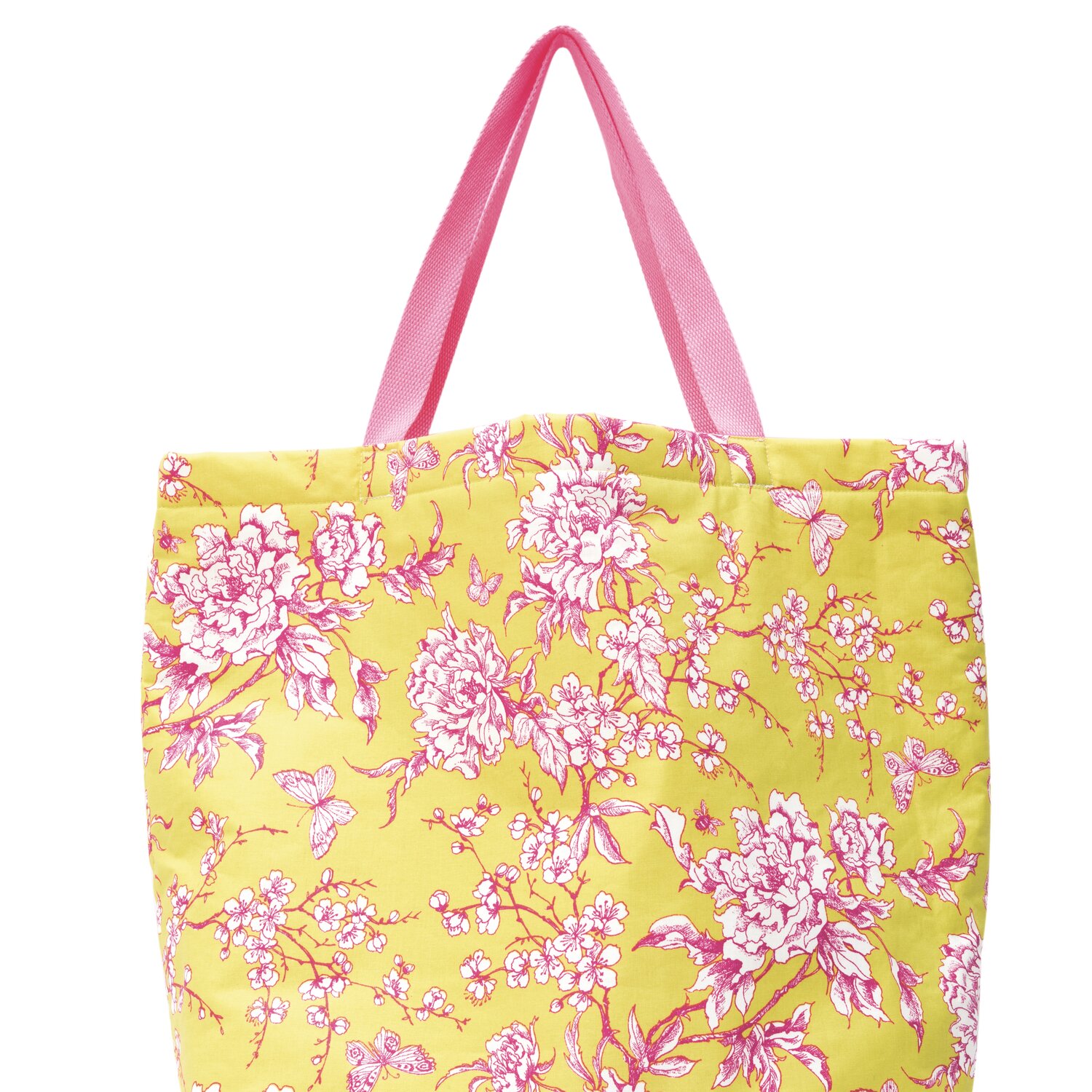 Gurtband 25mm 2m von Rico Design an Stofftasche mit floralen Mustern befestigt, ideal als stabiler Tragegriff für selbstgenähte Taschen und Accessoires