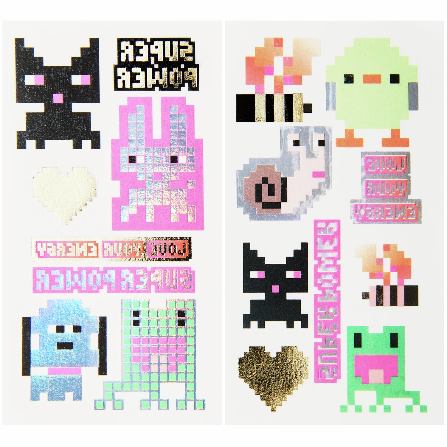 Tattoos Pixel Tiere: 17-teiliges Set mit bunten Pixel-Tiermotiven und goldenen Akzenten.