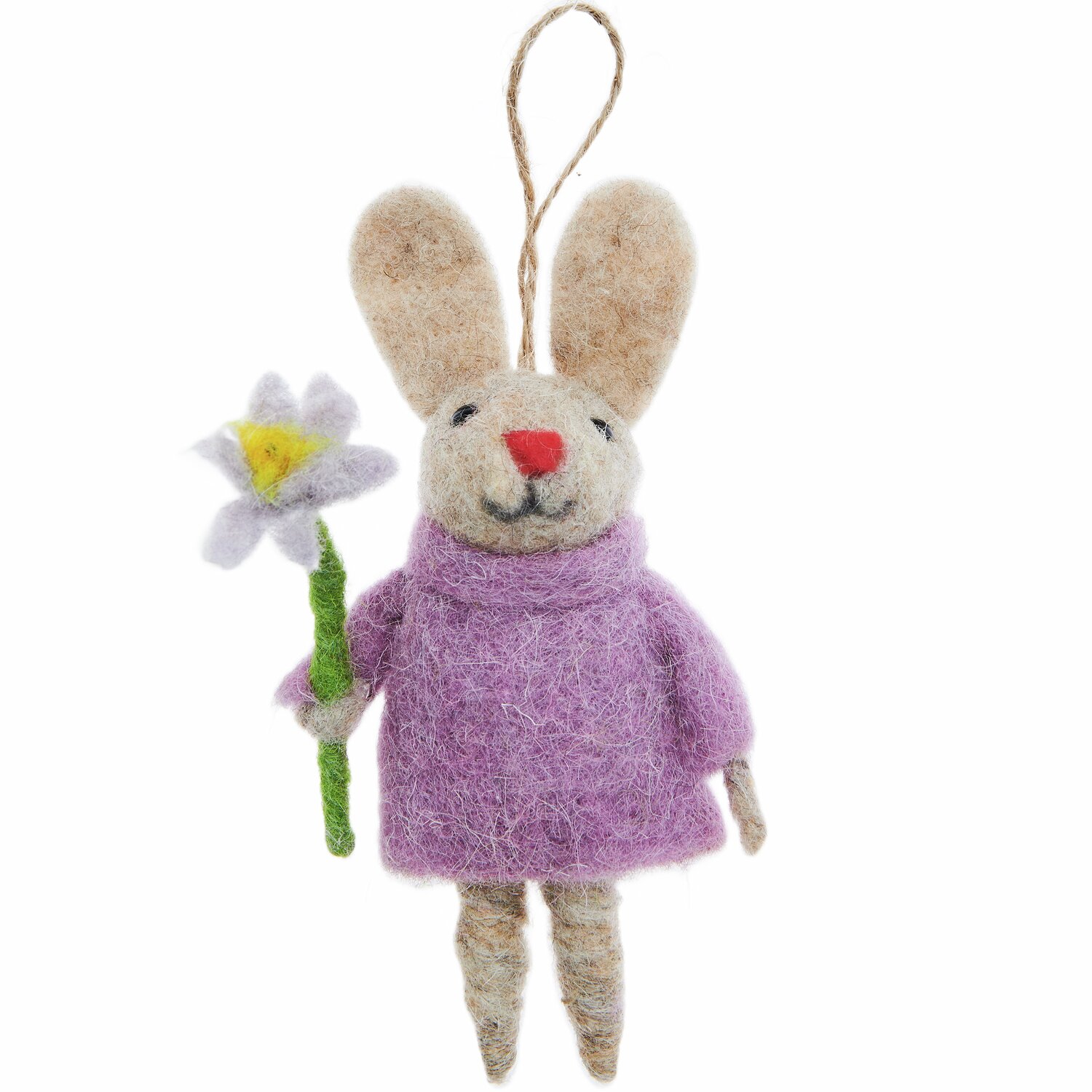 Aufhänger Filz-Hase mit Pulli und Blume: Niedlicher Hase in lila Pulli, hält Blume. Größe 14x6x3cm. Ideal als Deko.