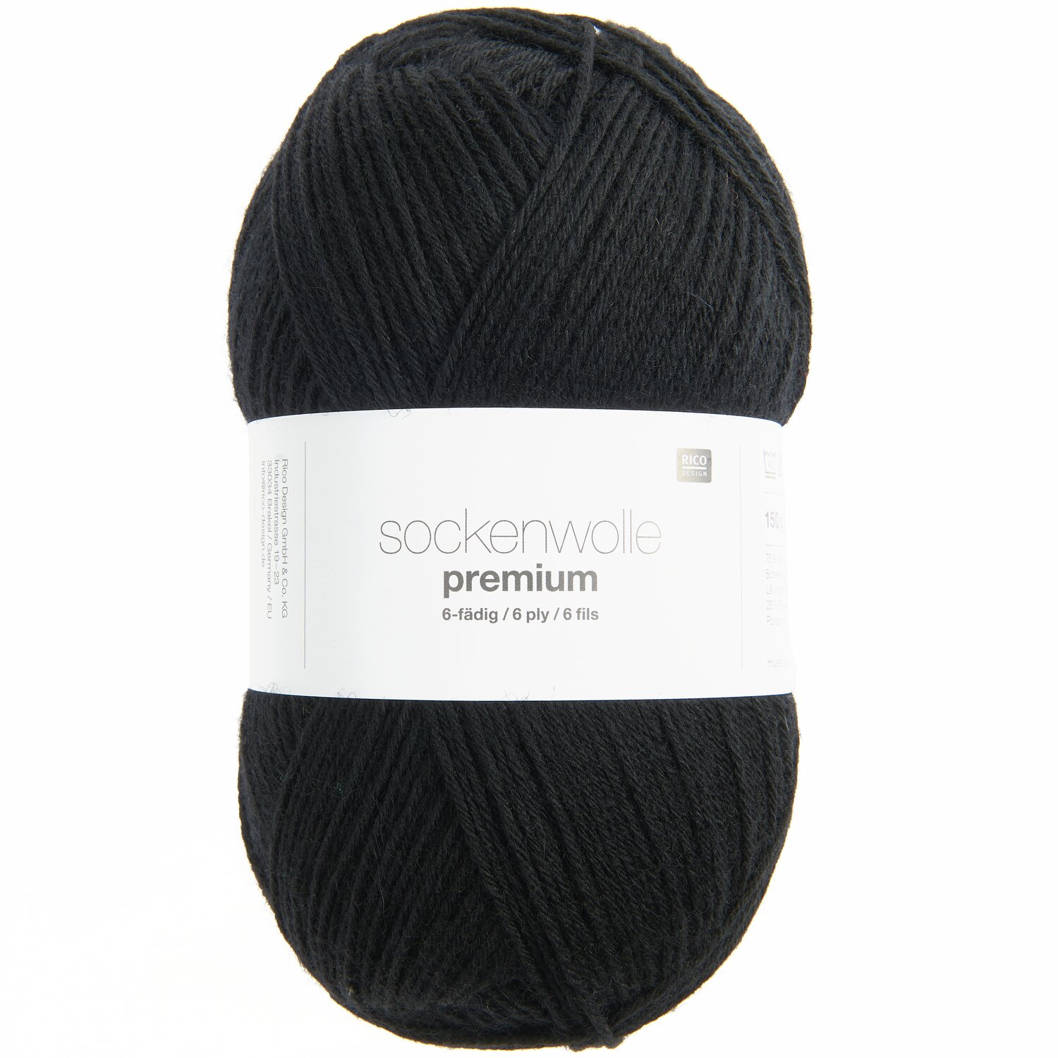 Sockenwolle Premium 6-fädig, 150g 380m, in tiefem Schwarz von Rico Design, ideal für Strickprojekte.