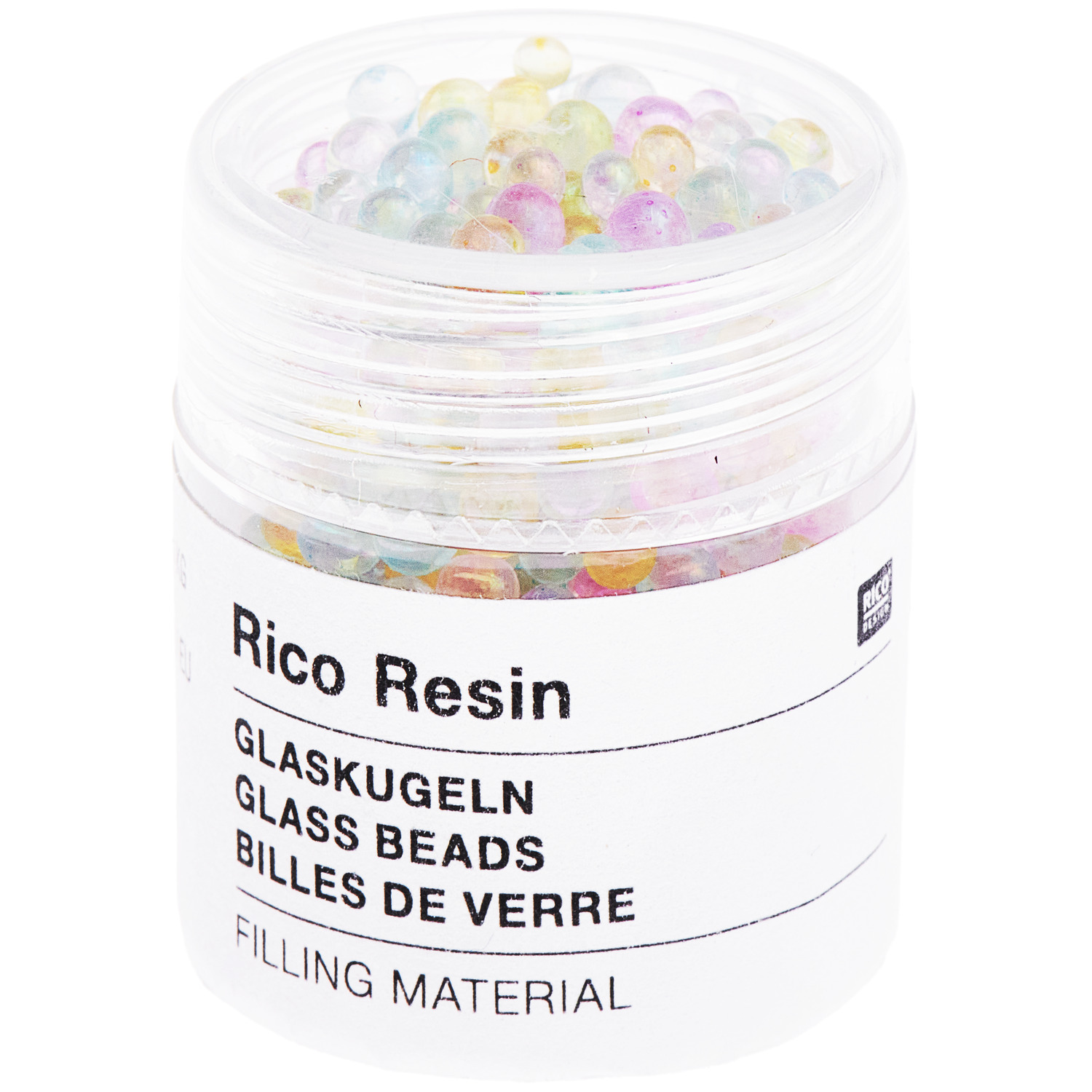 Füllmaterial für Resin Glaskugeln in einem transparenten Behälter, Rosa-Mix irisierend, 12,4g von Rico Design.