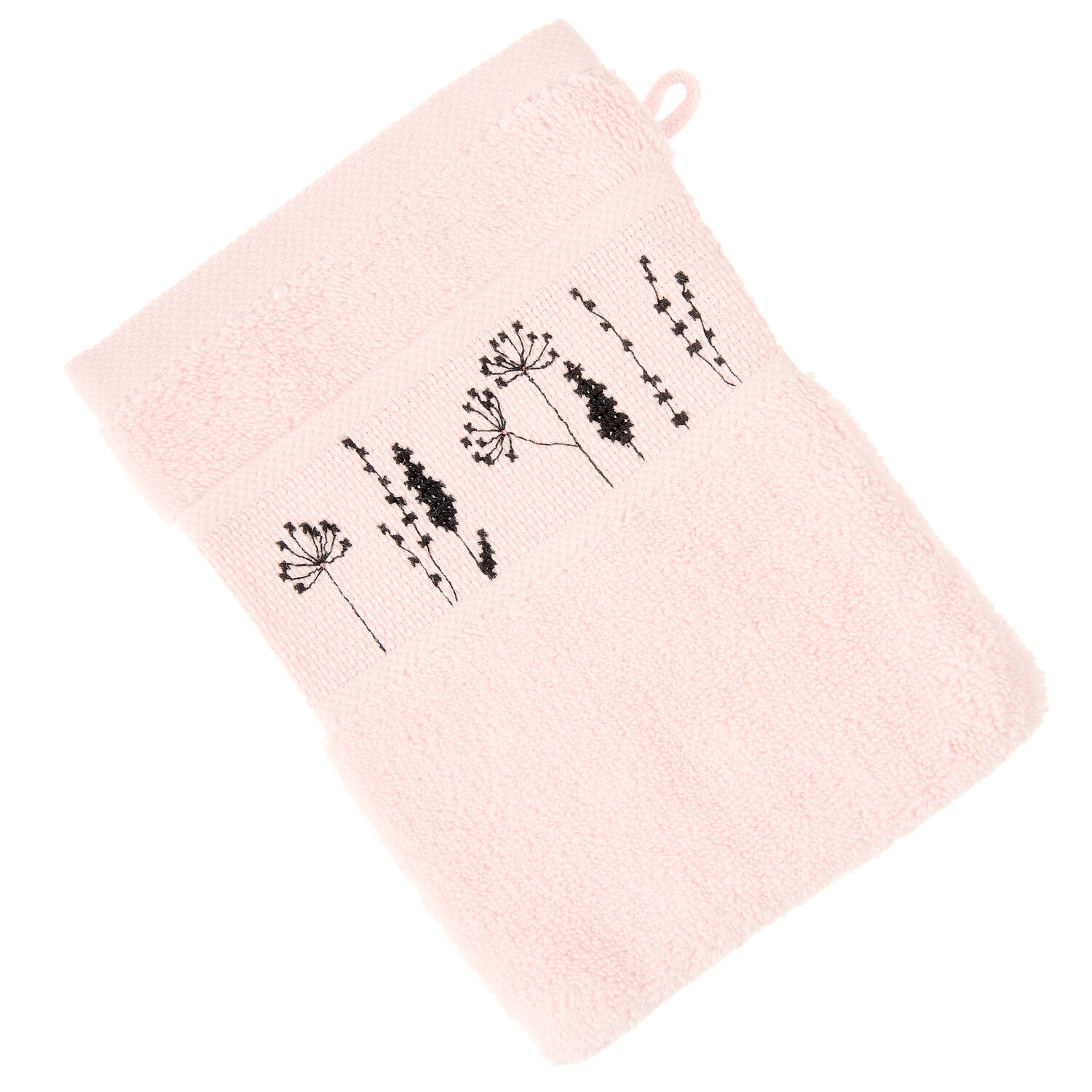 Stickset Waschhandschuh, Pastellrosa Modell 80857 aus Stickbuch 186, weicher Frottee-Waschhandschuh mit zarten schwarzen Blumenmotiven und praktischer Aufhängeschlaufe