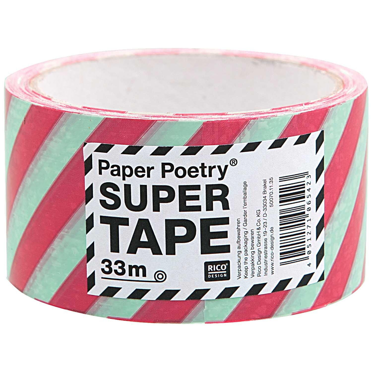 Paper Poetry Paketklebeband gestreift mint-rot, 5cm x 33m. Ideal für kreative Verpackungen.