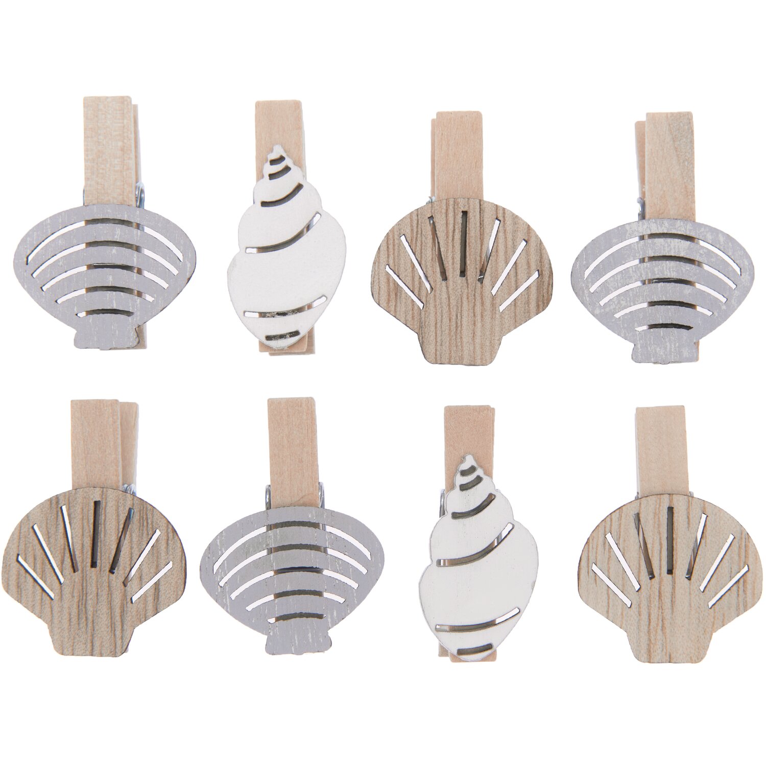 Dekoklammern Muschel Mix natur 7x35mm 8 Stück: Holzklammern mit Muschelmotiven in Naturtönen, ideal für kreative Dekorationen.